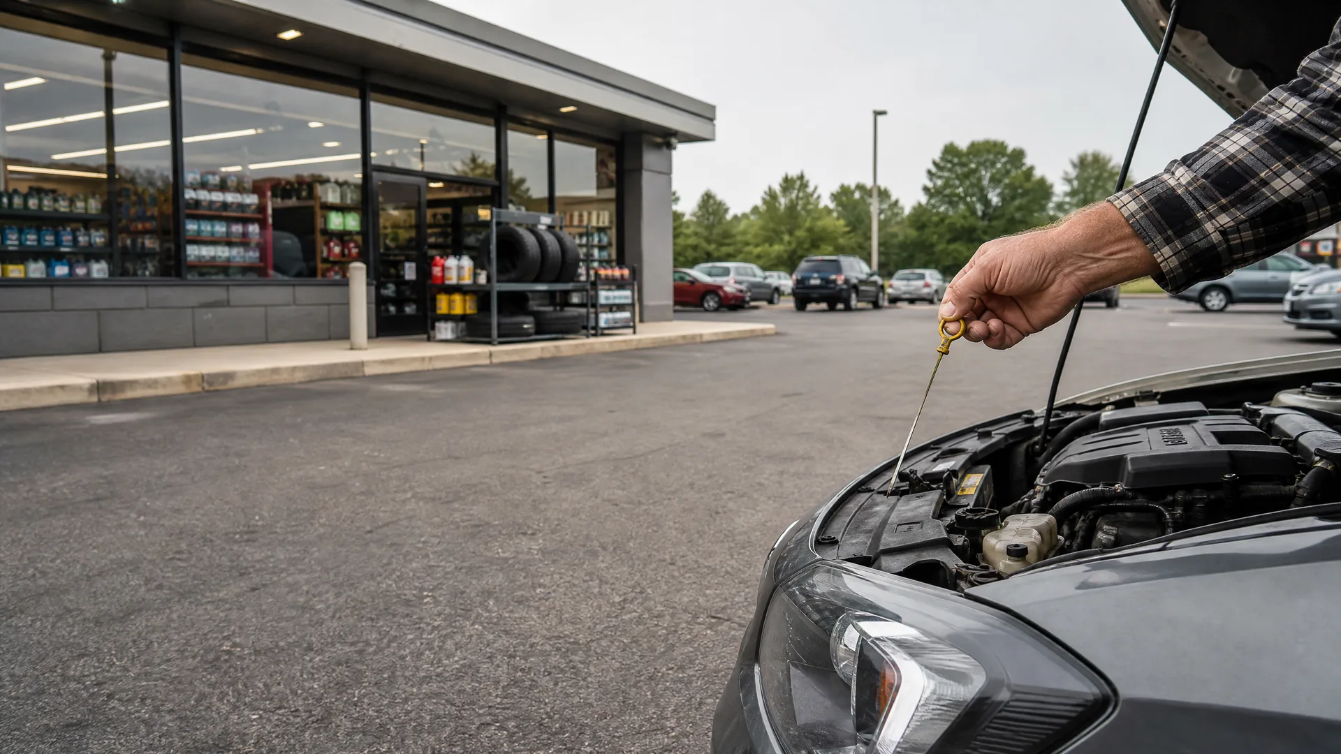 A person's arm in a plaid shirt holds an oil dipstick above the open engine bay of a dark gray car parked on asphalt outside a store with tires and products displayed in front of large windows.