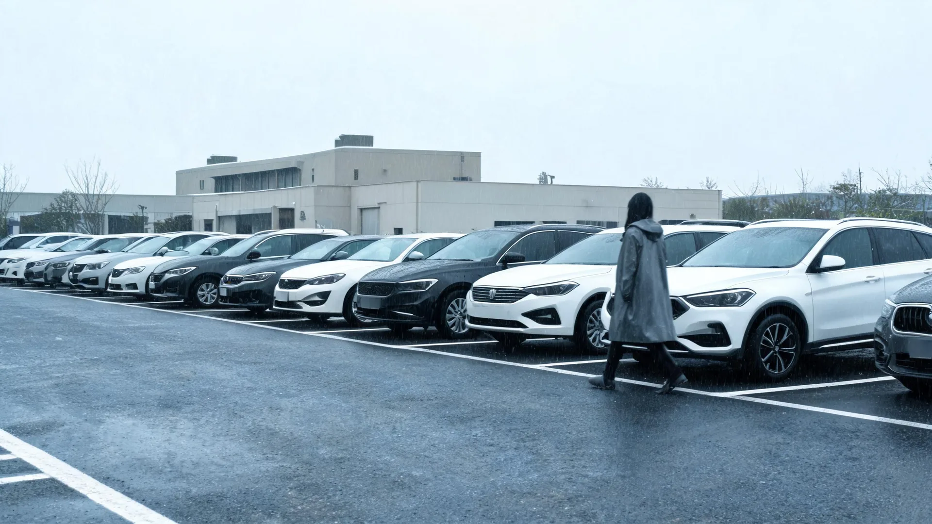 A person in a long hooded raincoat walks across a wet parking lot past a row of parked cars and SUVs, with a low light-colored building and bare trees behind under an overcast sky.