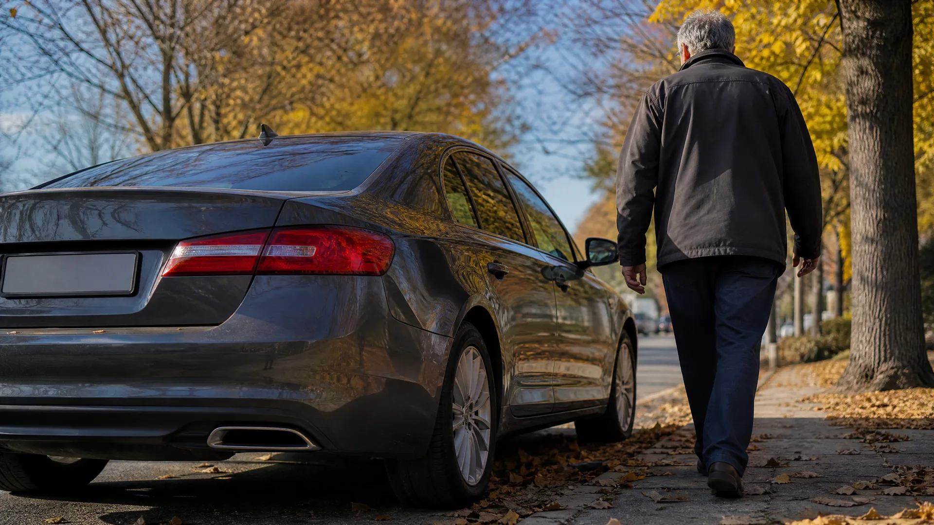 A dark grey sedan with a blank license plate is parked at a leaf-strewn curb while a grey-haired man in a dark jacket and jeans walks away along the sidewalk beneath trees with yellow autumn foliage.