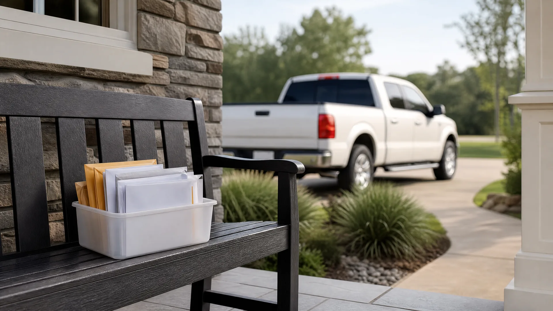 A white plastic bin holding envelopes and mail sits on a black wooden bench on a stone-clad porch, with a white pickup truck parked in a driveway in the blurred background.