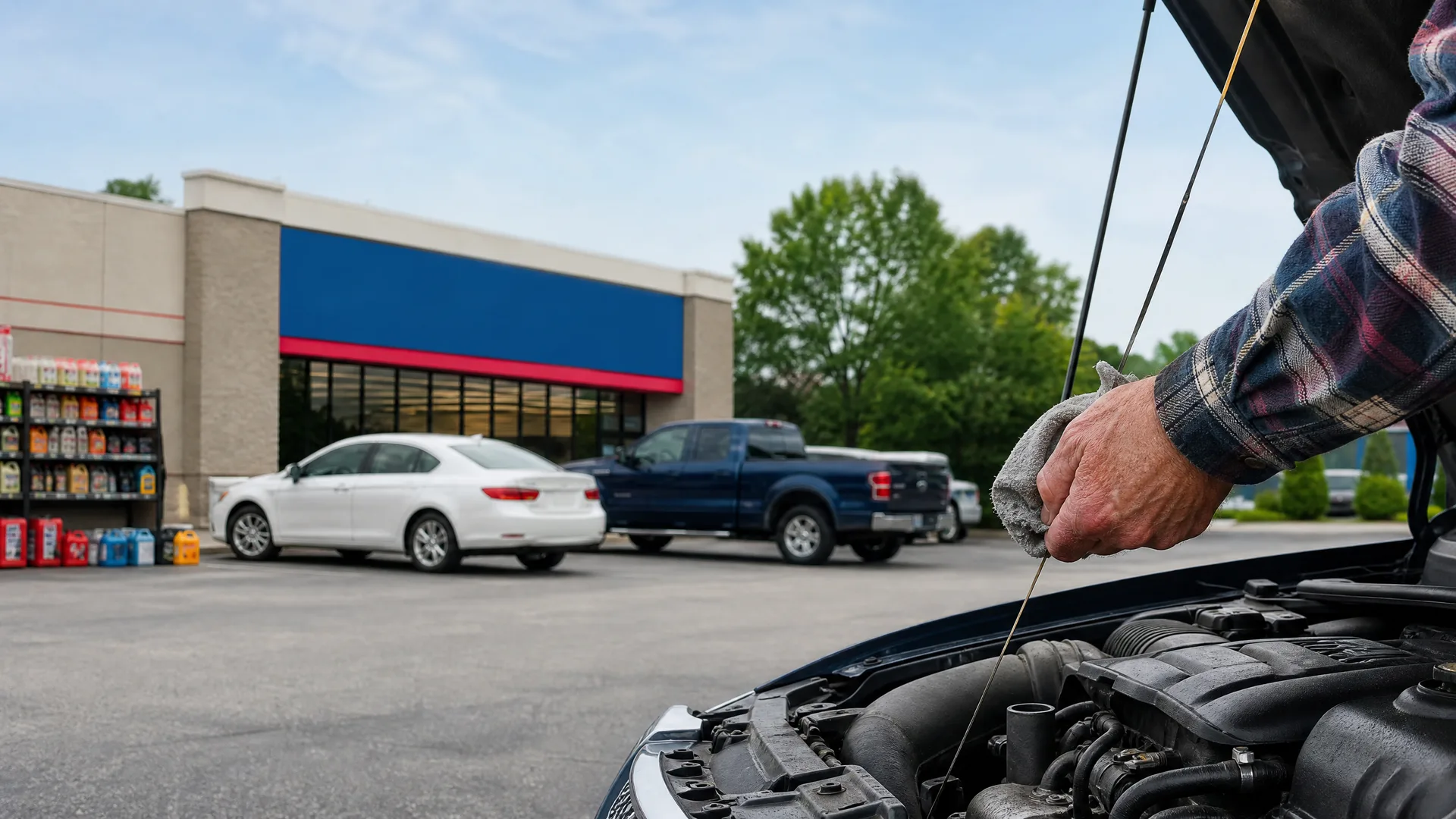 A person in a plaid shirt holds a dipstick and a gray rag over an open engine bay in a parking lot, with a white sedan, a dark pickup truck, and a storefront with a blue and red sign in the background.