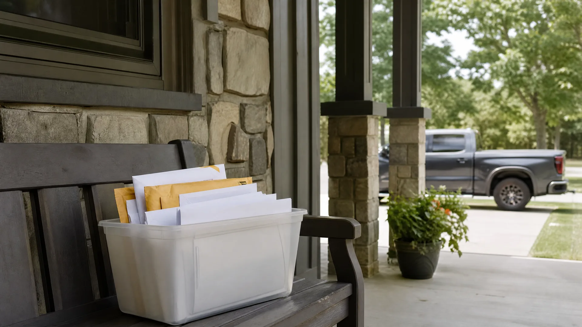 A white plastic bin holding envelopes and padded mailers sits on a dark wooden bench on a covered stone-clad porch, with a potted flowering plant and a gray pickup truck parked in a driveway beyond.