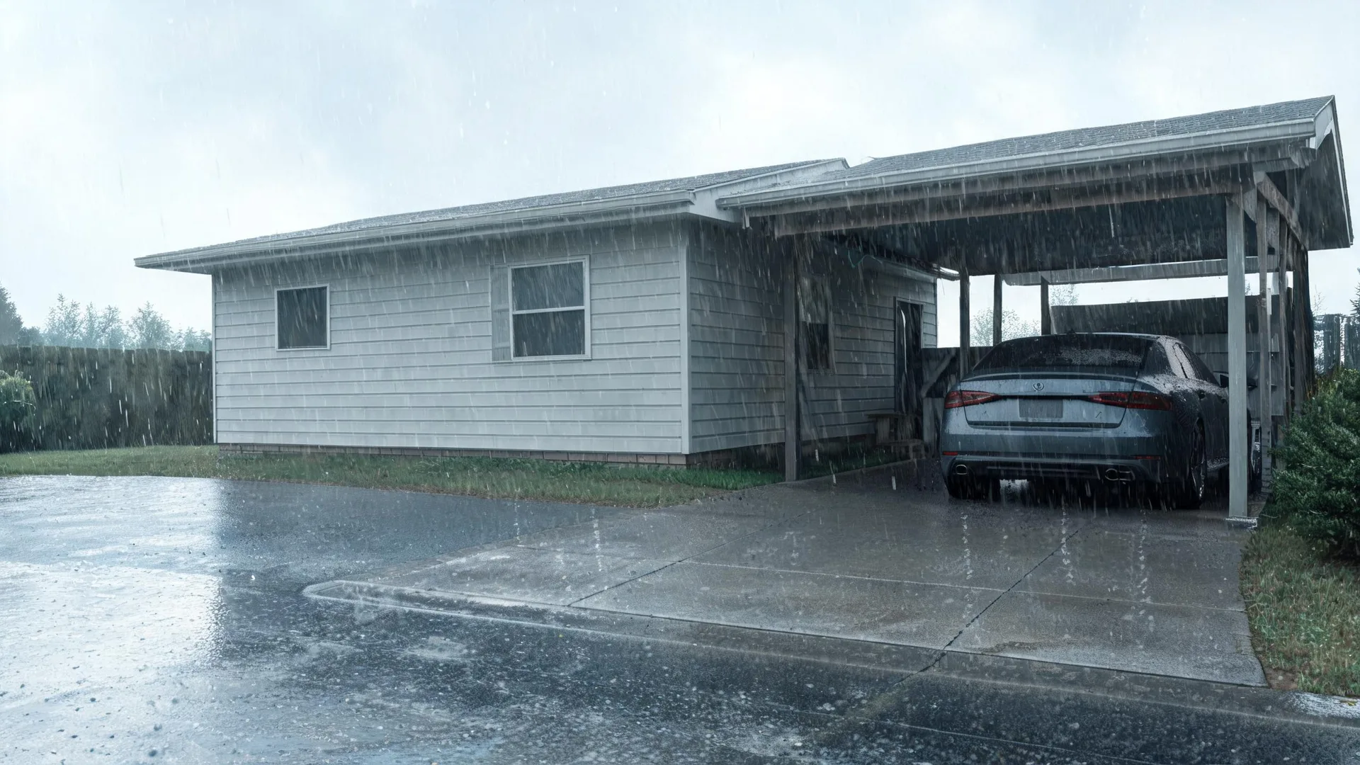 A single-story house with light horizontal siding and an attached carport sheltering a dark sedan, seen from a wet concrete driveway during heavy rain.
