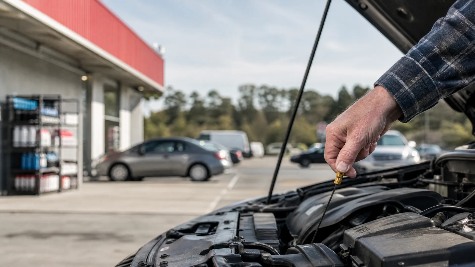 A person in a plaid shirt pulls the dipstick from a car engine under an open hood in a parking lot, with a building, parked cars and trees blurred in the background.