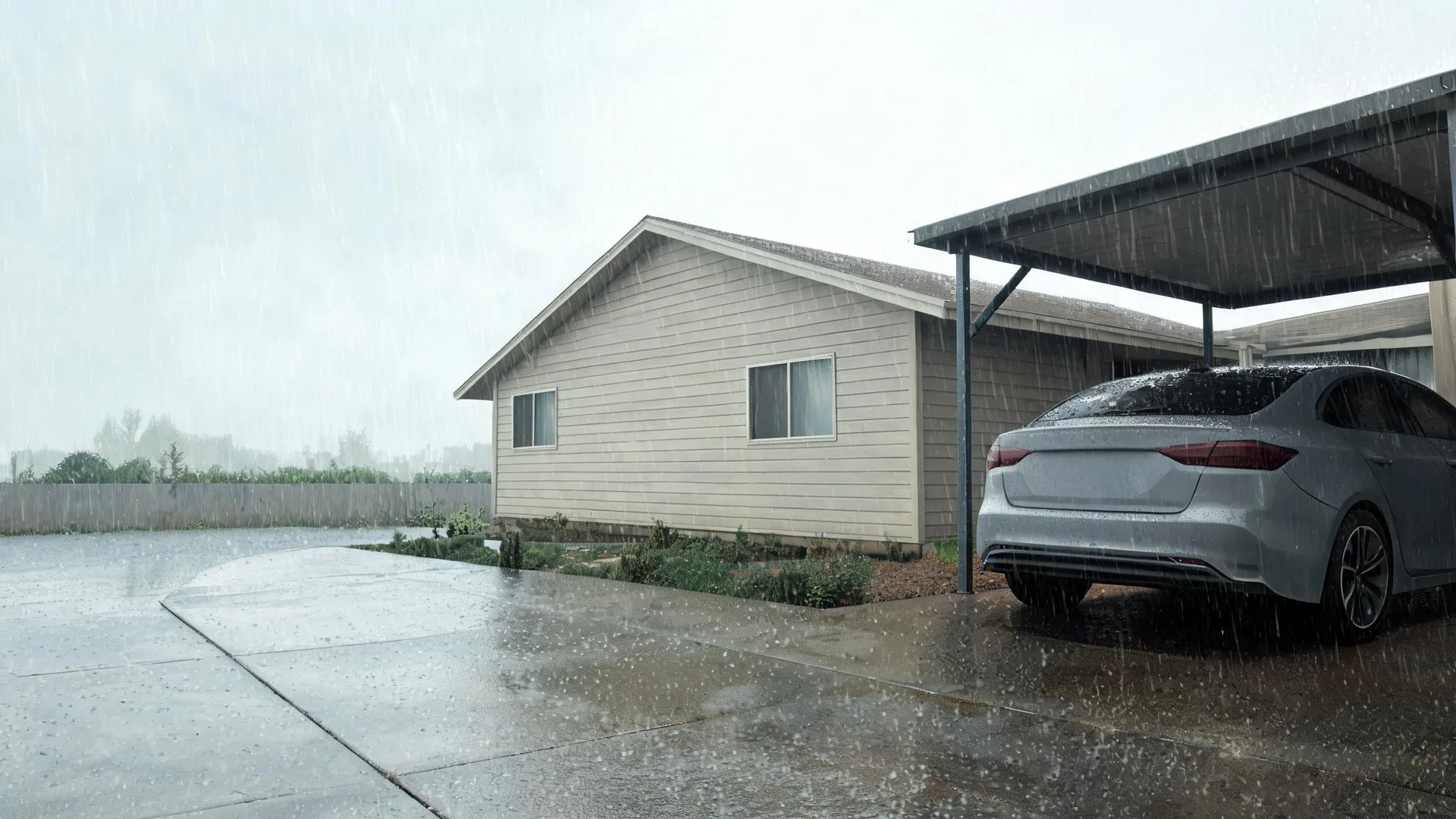 A single-storey house with horizontal lap siding and a gabled roof beside a wide concrete driveway, with a silver sedan parked under an attached carport during heavy rain.