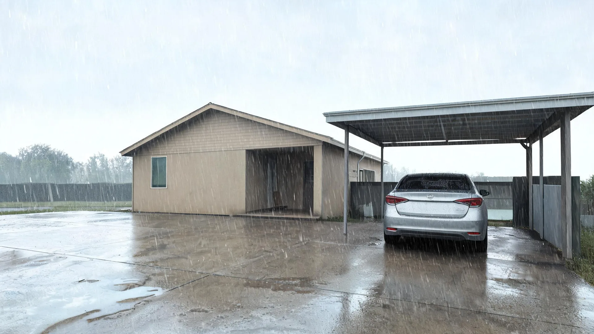 A silver sedan parked under a metal carport beside a tan single-story building with an open garage bay, on a wet concrete lot during heavy rain.