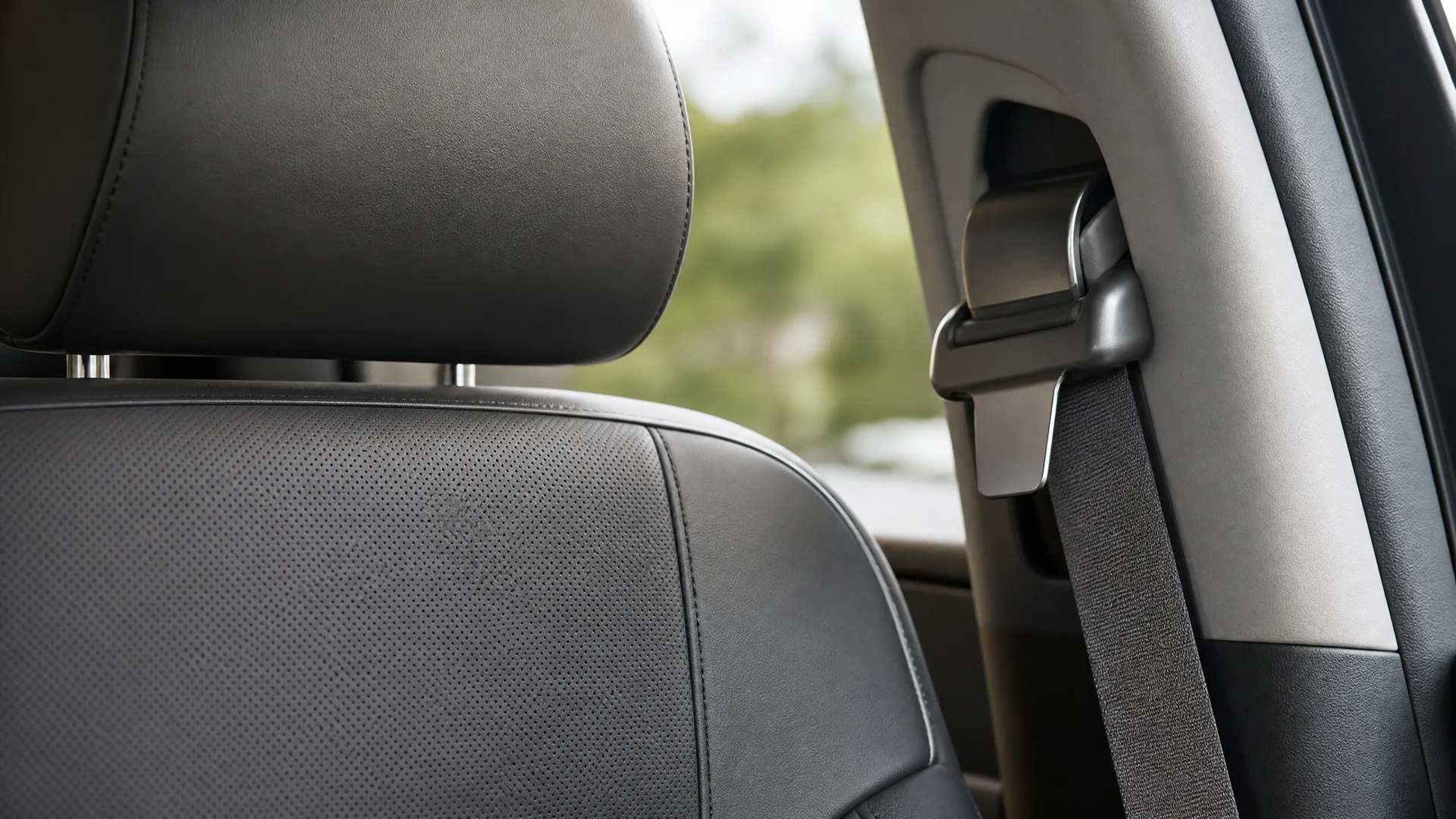 Close-up of a black perforated leather car seat with headrest beside a B-pillar with an adjustable seat belt height anchor, with blurred green foliage visible through the window.