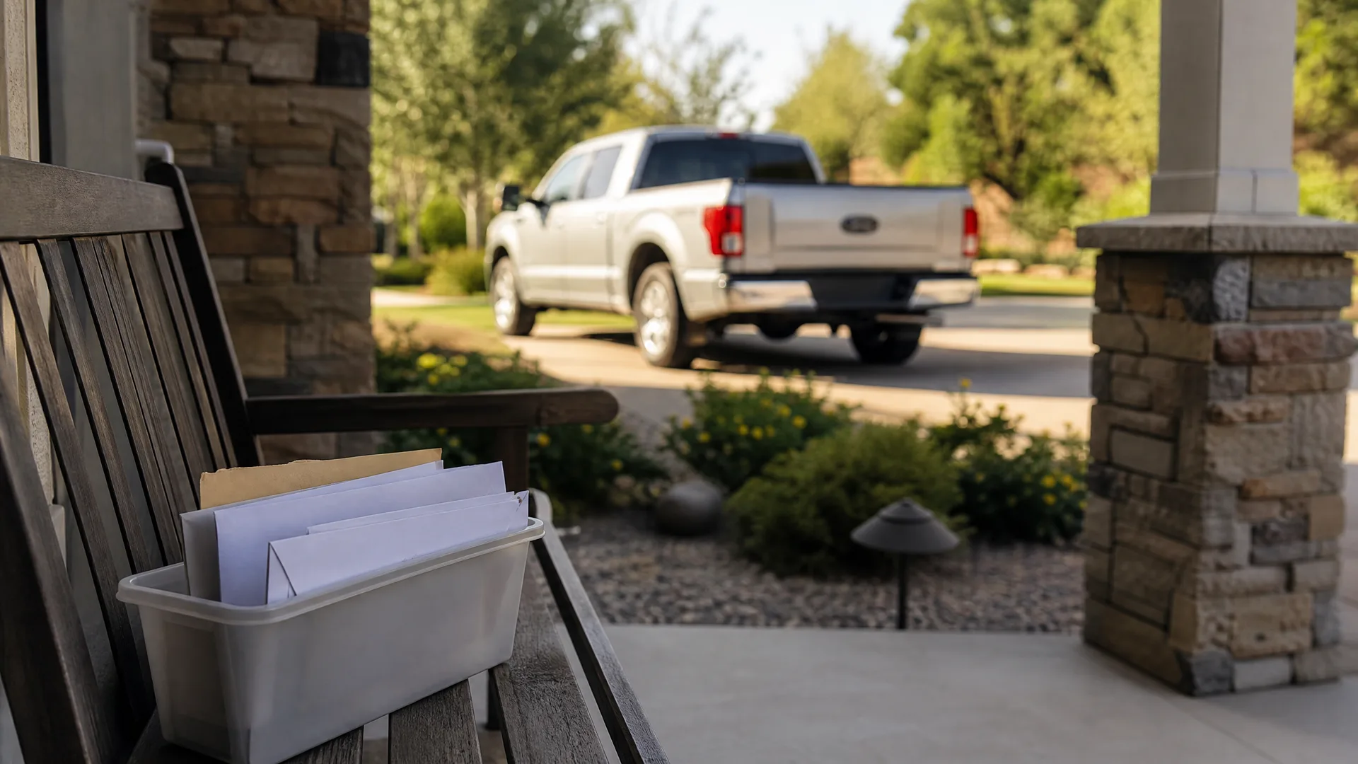 A plastic bin of letters and envelopes sits on a wooden porch bench, with a stone column nearby and a white pickup truck parked in the blurred driveway beyond.
