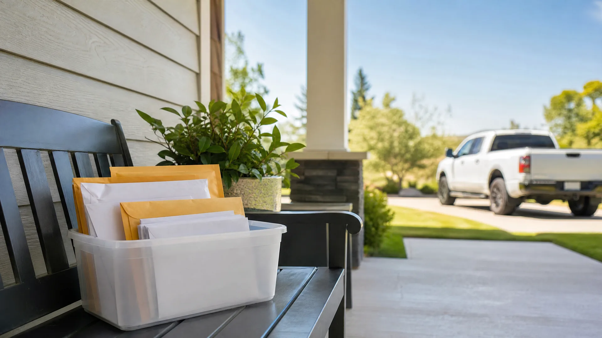 A clear plastic bin holding white and yellow envelopes sits on a dark bench on a covered porch, with a potted plant behind it and a blurred white pickup truck parked in a driveway beyond.