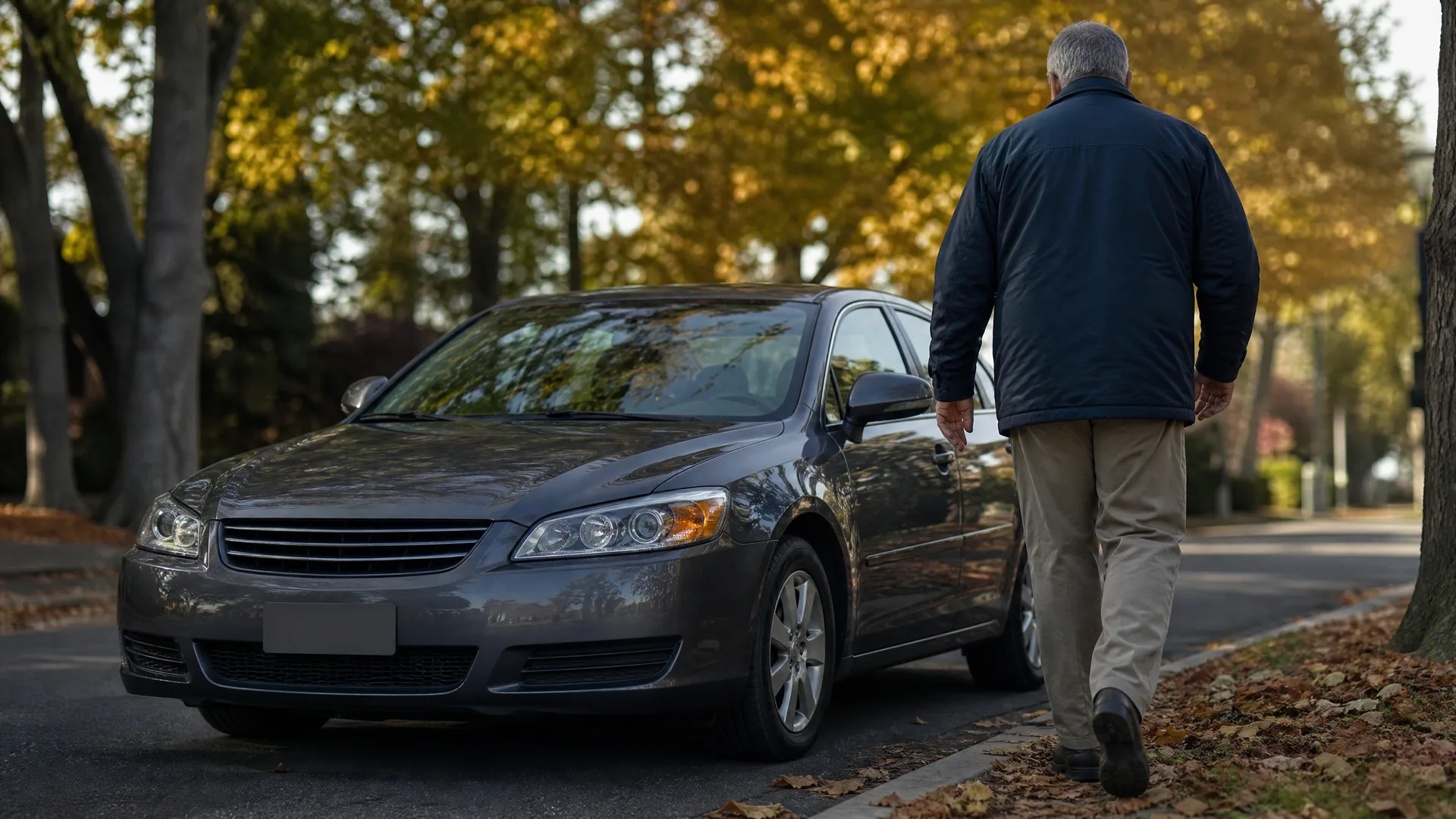 A man in a dark jacket and tan trousers walks away along a curb beside a gray sedan parked on a tree-lined street with autumn foliage and fallen leaves.