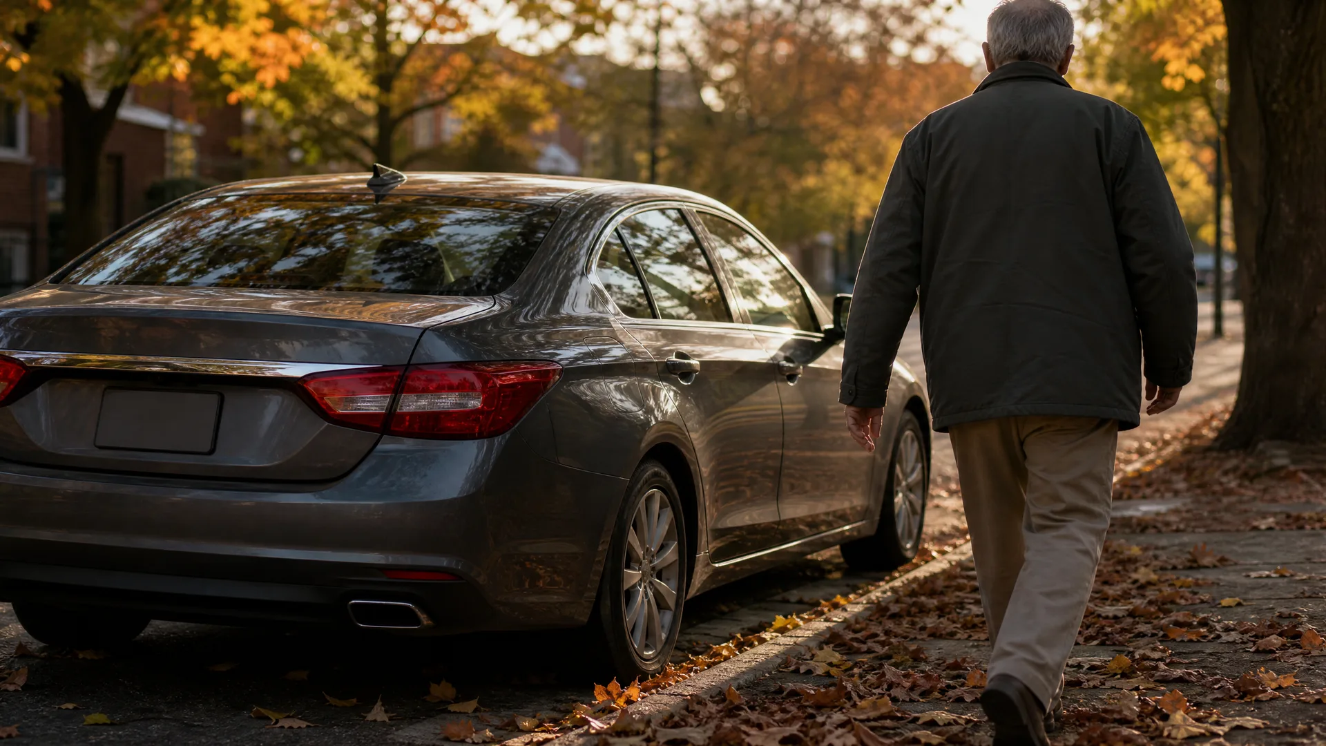 A man in a dark jacket and light trousers walks away along a leaf-covered sidewalk beside a gray sedan parked on a tree-lined street with yellow autumn foliage.