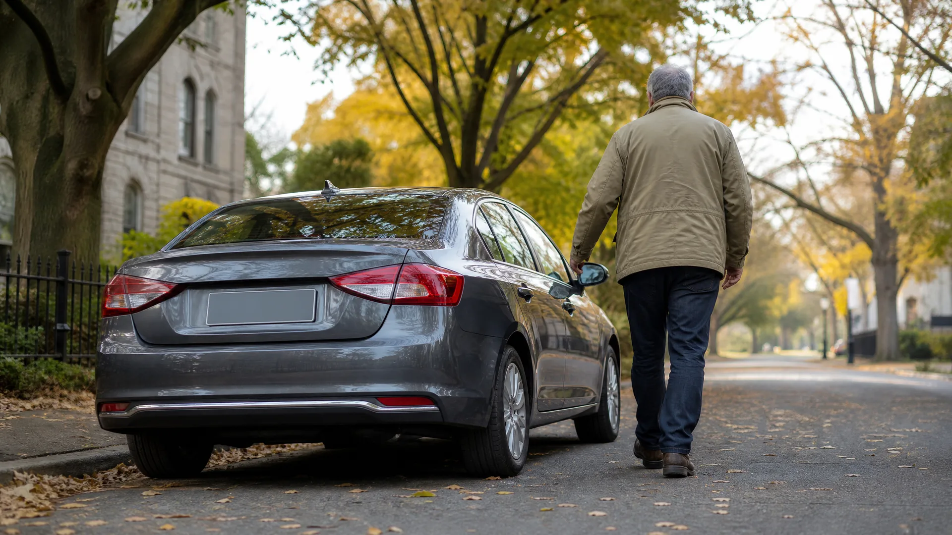 A man in a tan jacket and jeans walks away from a gray sedan parked along a leaf-strewn residential street lined with trees in autumn foliage.