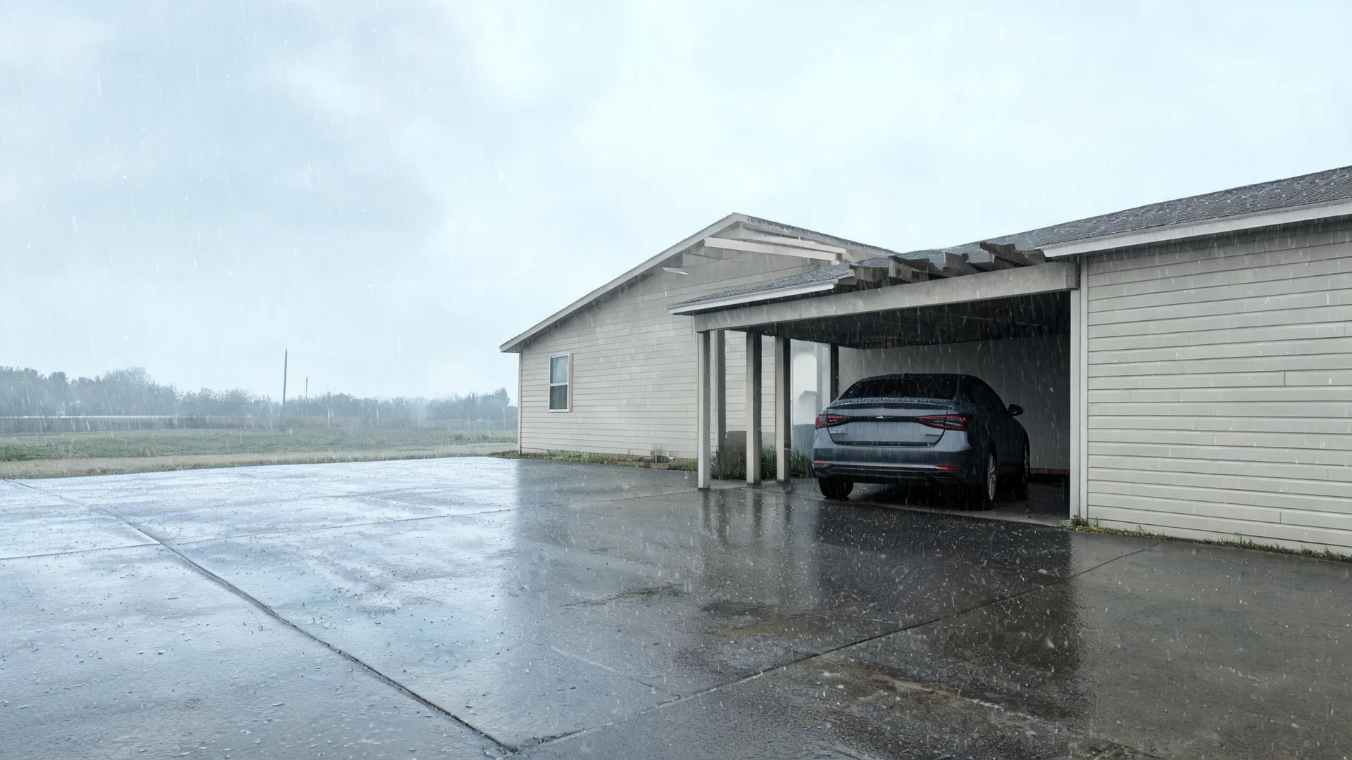 A dark sedan parked under an attached carport of a single-story house with light horizontal siding, beside a wet concrete driveway during rainfall under an overcast sky, with flat open fields in the background.