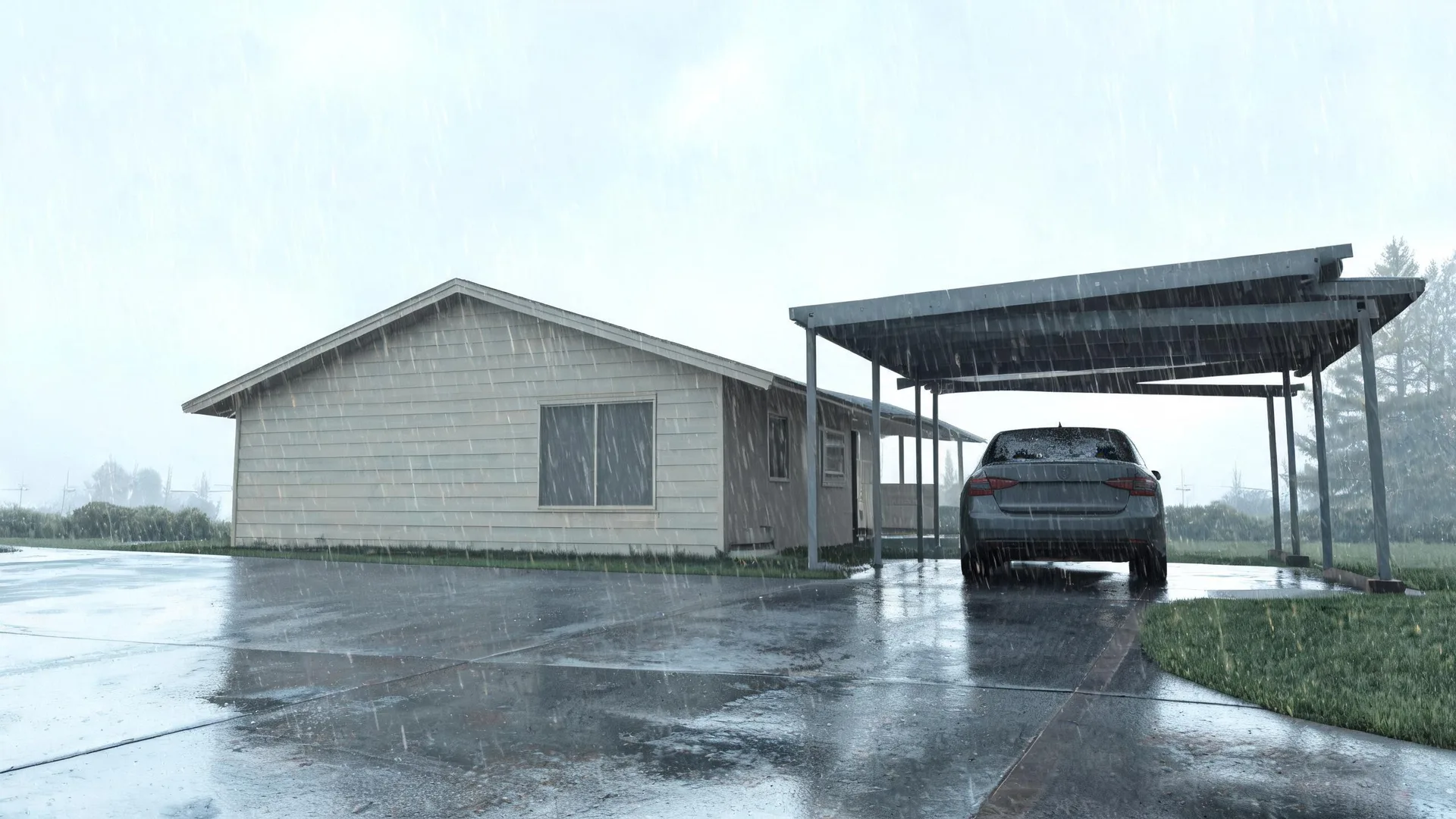 A single-story house with horizontal siding and a gabled roof beside an attached carport sheltering a dark sedan, with rain falling on a wet paved driveway under an overcast sky.