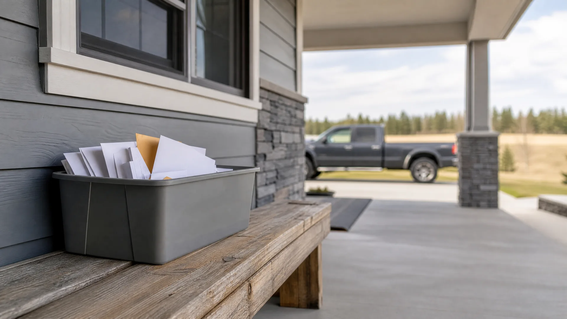 A gray plastic tub filled with white and manila envelopes sits on a weathered wooden bench on a covered porch, with a dark pickup truck parked in the driveway and a treeline in the background.