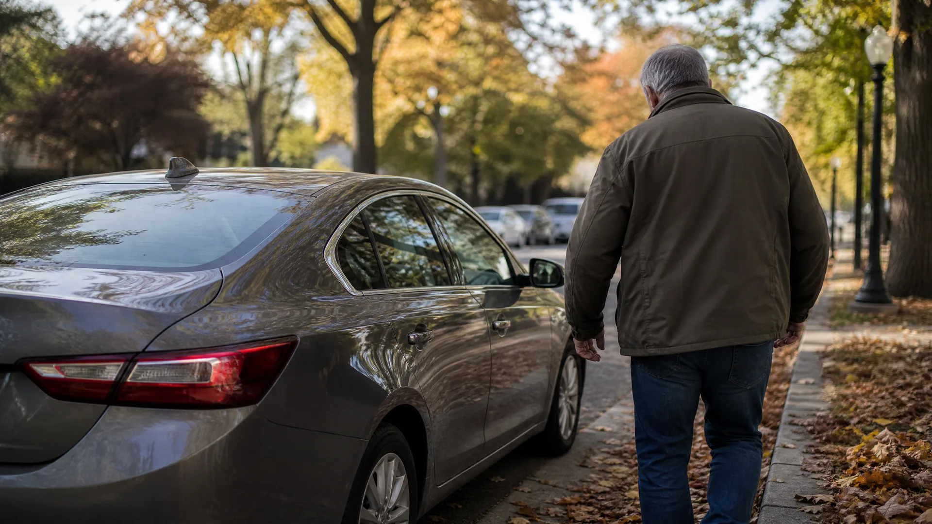 A gray-haired man in a brown jacket and jeans walks away along a leaf-strewn sidewalk beside a gray sedan parked on a tree-lined street with autumn foliage.