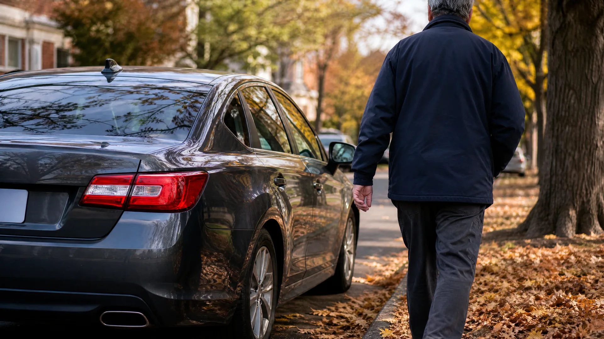 A man in a dark jacket walks along a leaf-covered sidewalk past a gray sedan parked at the curb on a tree-lined street.