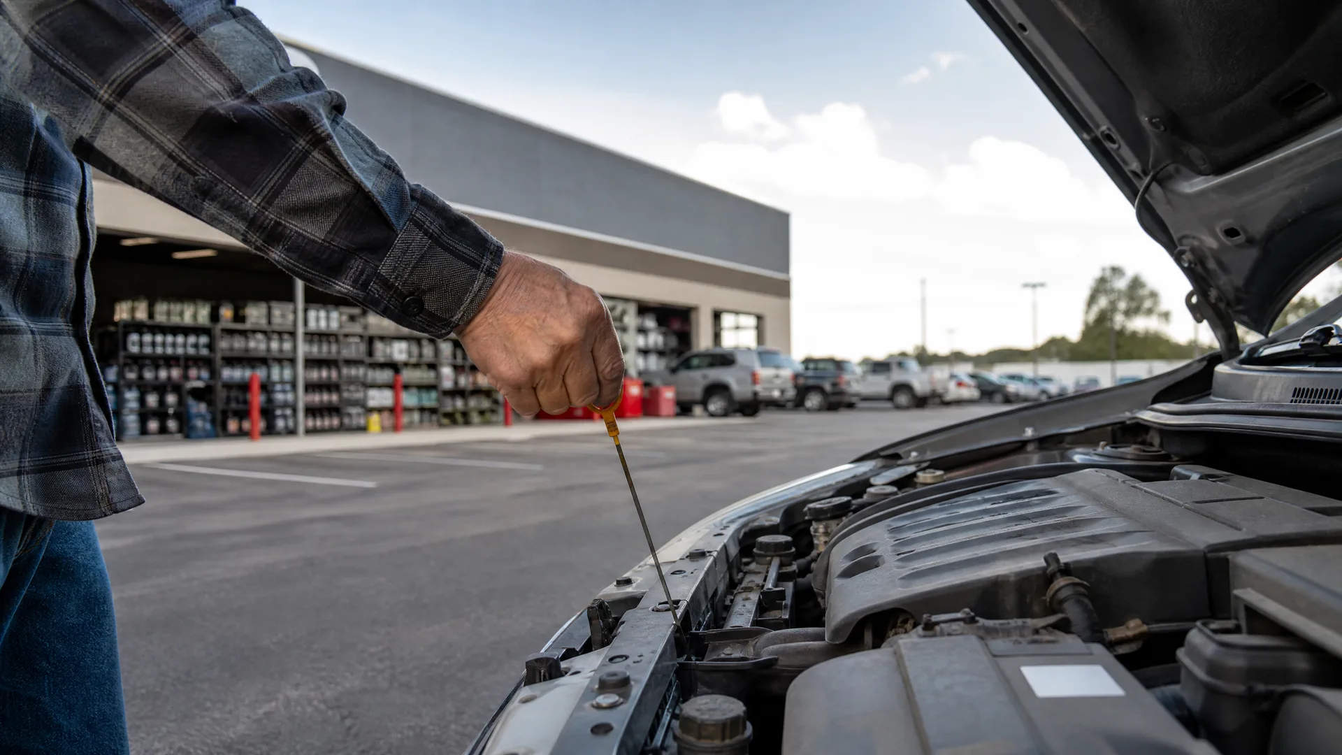 A person in a plaid shirt pulls the dipstick from the engine of a car with its hood raised in a parking lot outside a store.