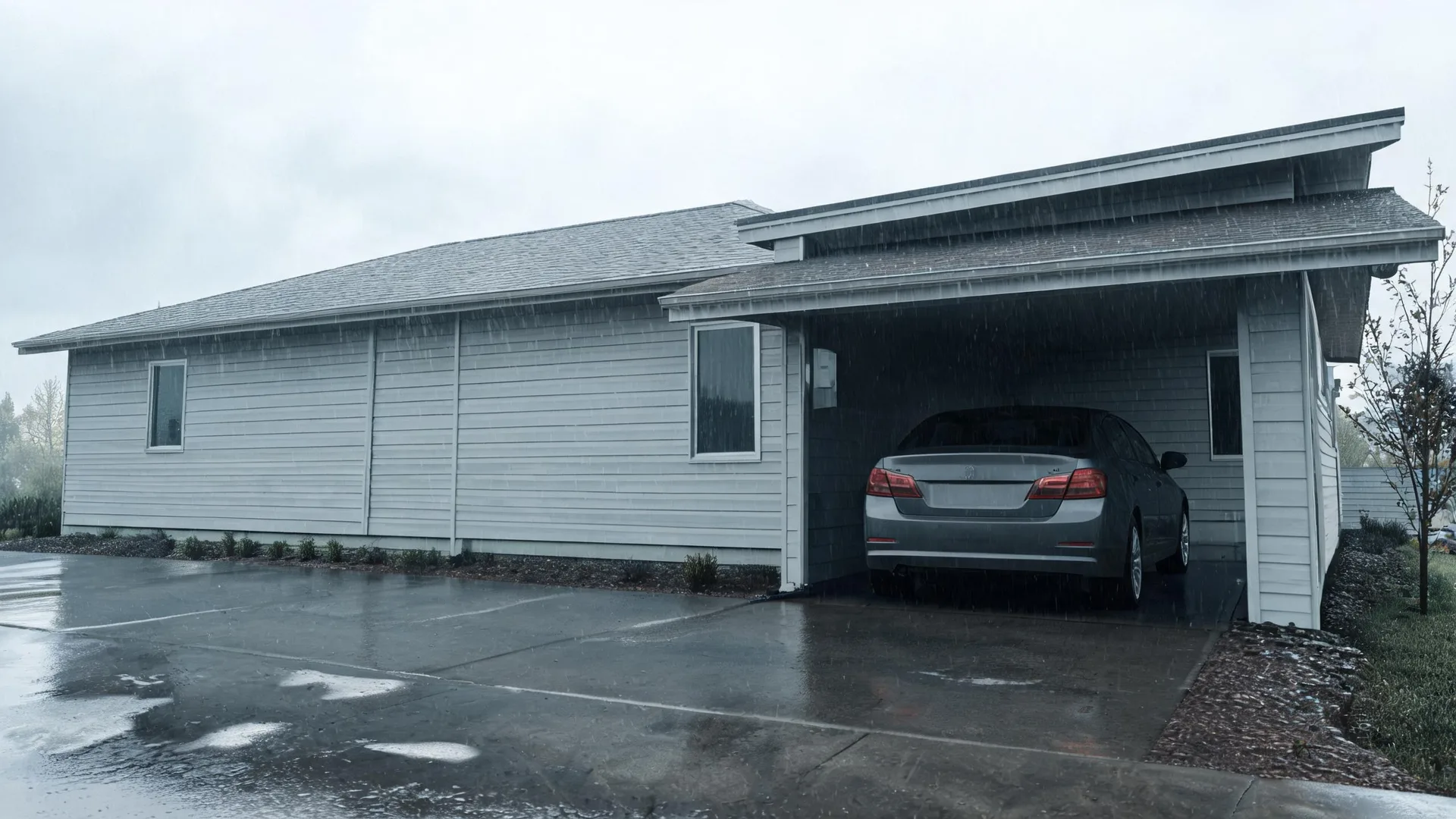 A single-story house with grey horizontal siding and a carport sheltering a parked grey sedan, photographed during rain with a wet concrete driveway in the foreground.