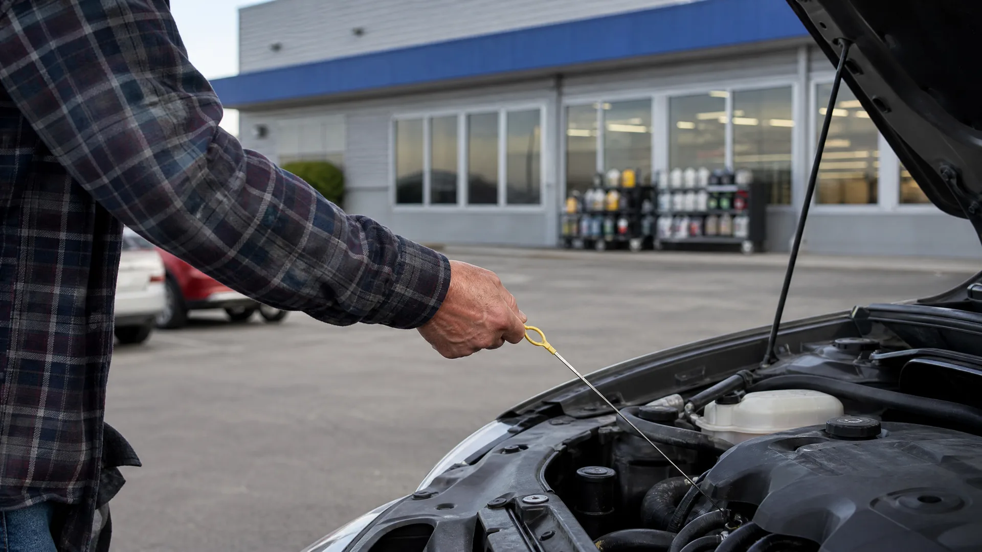 A person in a plaid shirt pulls the dipstick from a car engine with the hood raised, in a paved lot outside a building with large windows and shelves of bottled products.