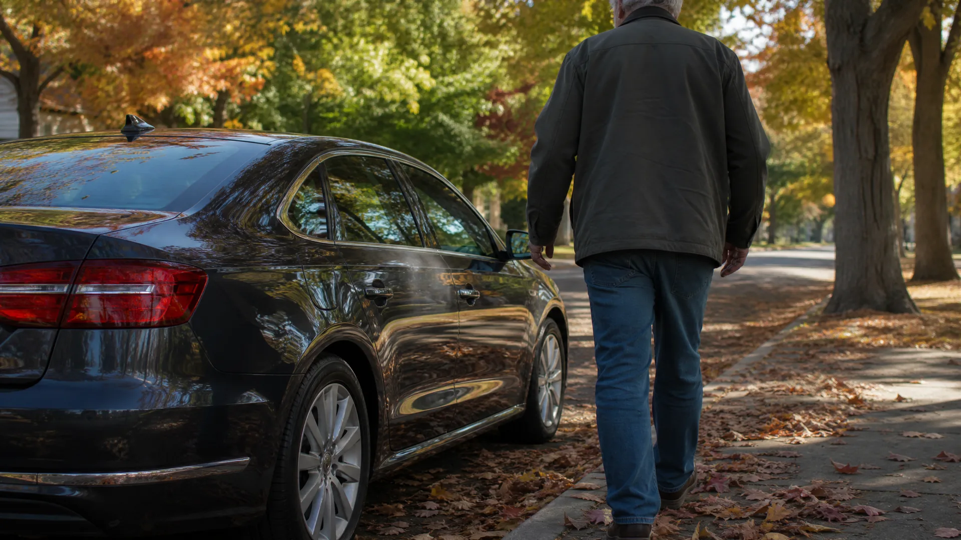 A man in a dark jacket and jeans walks away along a leaf-covered sidewalk beside a parked dark sedan, with autumn-colored trees lining the street.