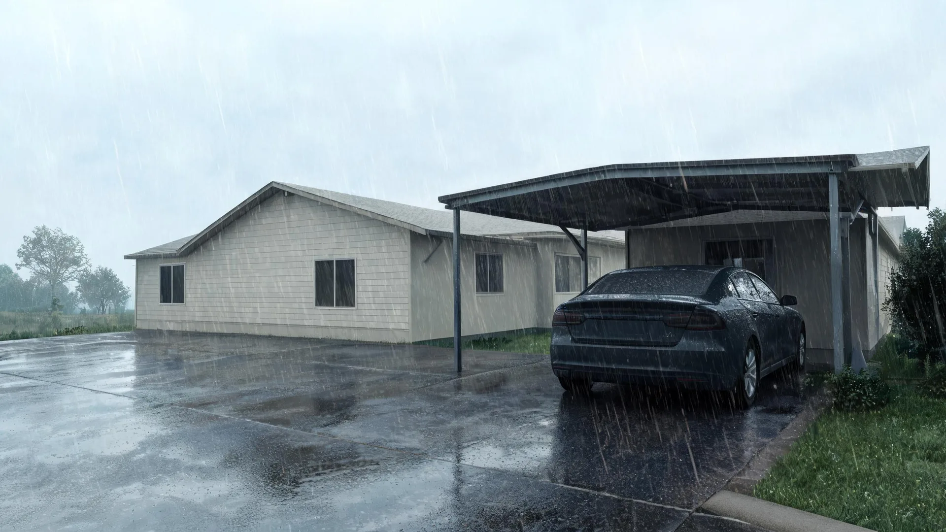 A single-story light-colored house with a gable roof and an attached flat-roof carport, with a dark sedan parked under the carport on a wet paved lot during heavy rain.