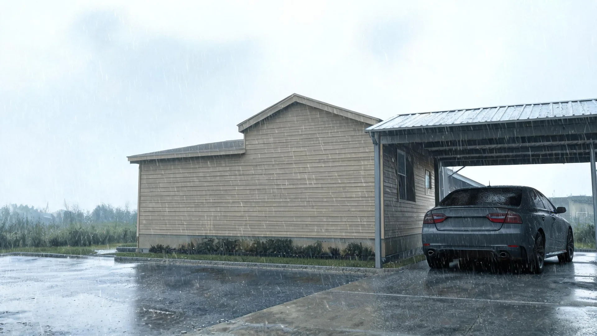 A single-story house with beige lap siding and an attached metal-roofed carport shelters a dark gray sedan during heavy rain, with wet pavement in the foreground and grass and low trees behind.