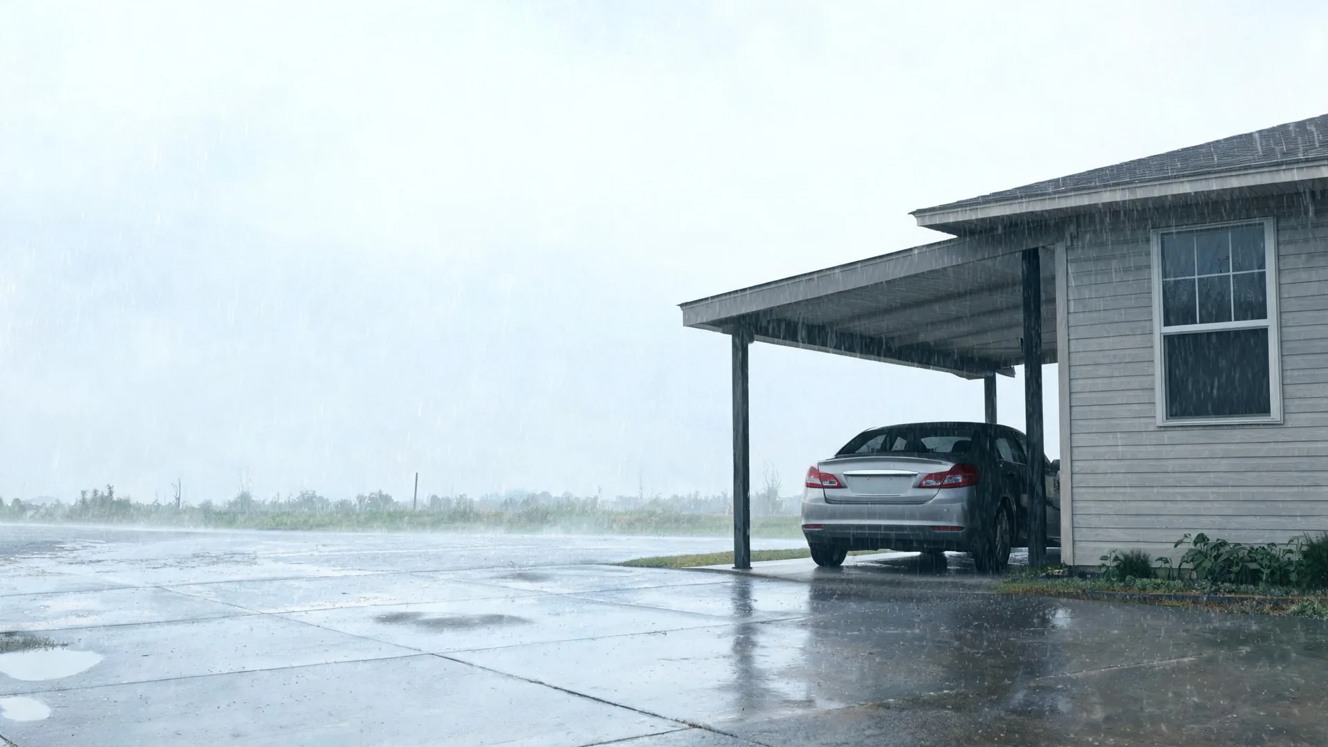 A silver sedan parked under an attached carport beside a light-colored sided house during heavy rain, with a wet concrete driveway and flat grassy landscape under a gray sky.
