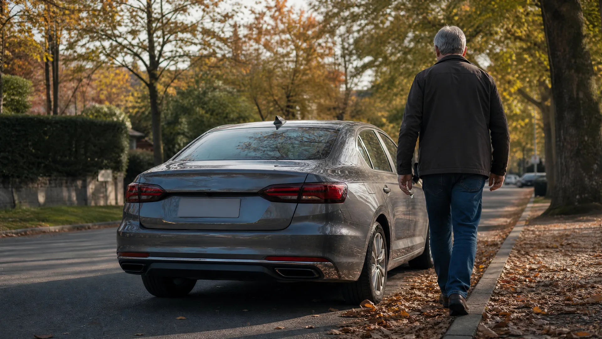 A man in a dark jacket and jeans walks away along a leaf-covered sidewalk beside a gray sedan parked on a tree-lined street with yellowing autumn foliage.
