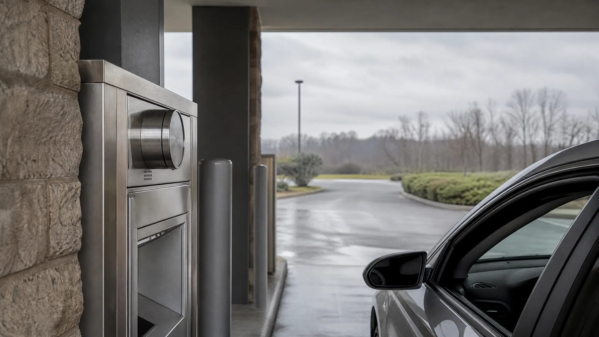 A stainless steel drive-up teller unit with a pneumatic tube canister mounted on a stone and concrete column under a canopy, with a silver car stopped alongside on wet pavement and bare trees and shrubs in the background under an overcast sky.