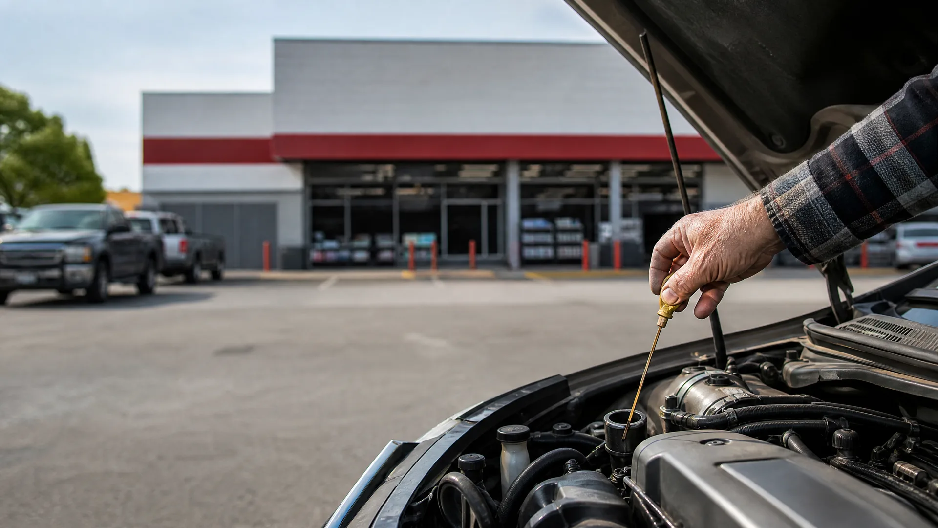 A person's hand in a plaid sleeve pulls a dipstick from a car engine under a raised hood, with a parking lot, pickup trucks and a low commercial building blurred in the background.