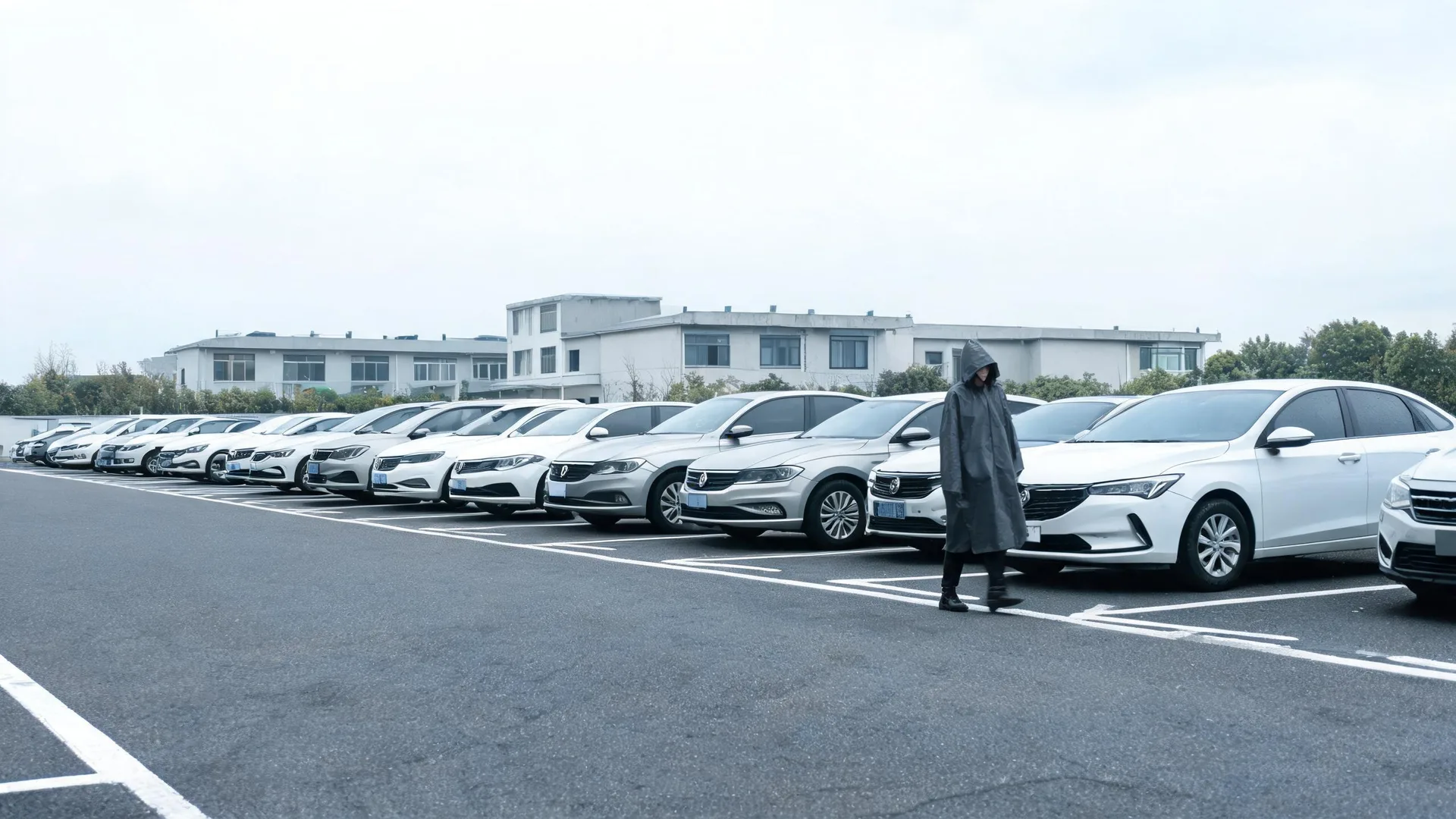 A person in a dark hooded raincoat walks past a long row of parked white and silver cars in an outdoor lot, with low white buildings and an overcast sky behind.