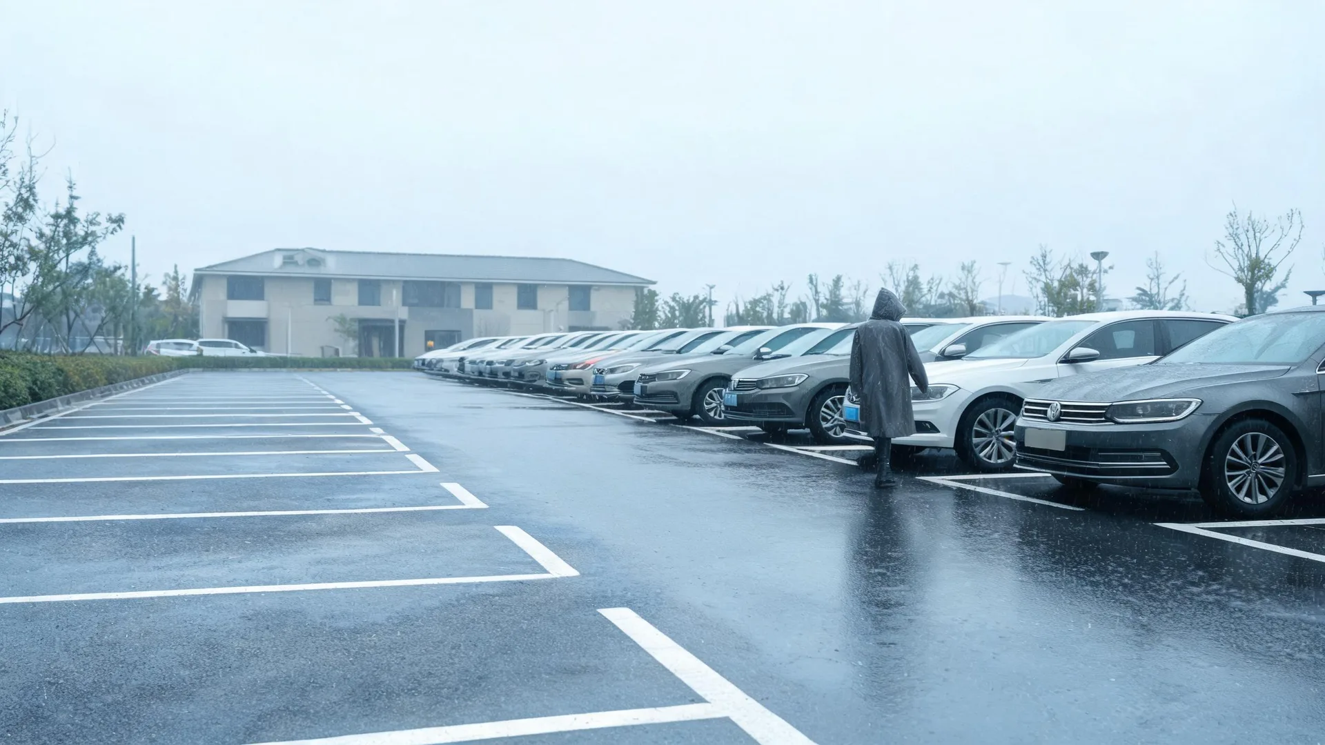 A person in a dark hooded raincoat walks across a wet parking lot past a long row of parked cars, with a low light-colored building and bare trees in the misty background.