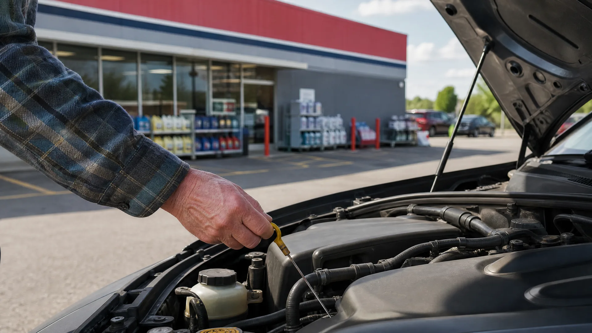 A person in a plaid shirt reaches into an open engine bay to pull a yellow-handled dipstick, with a store front and parking lot blurred in the background.