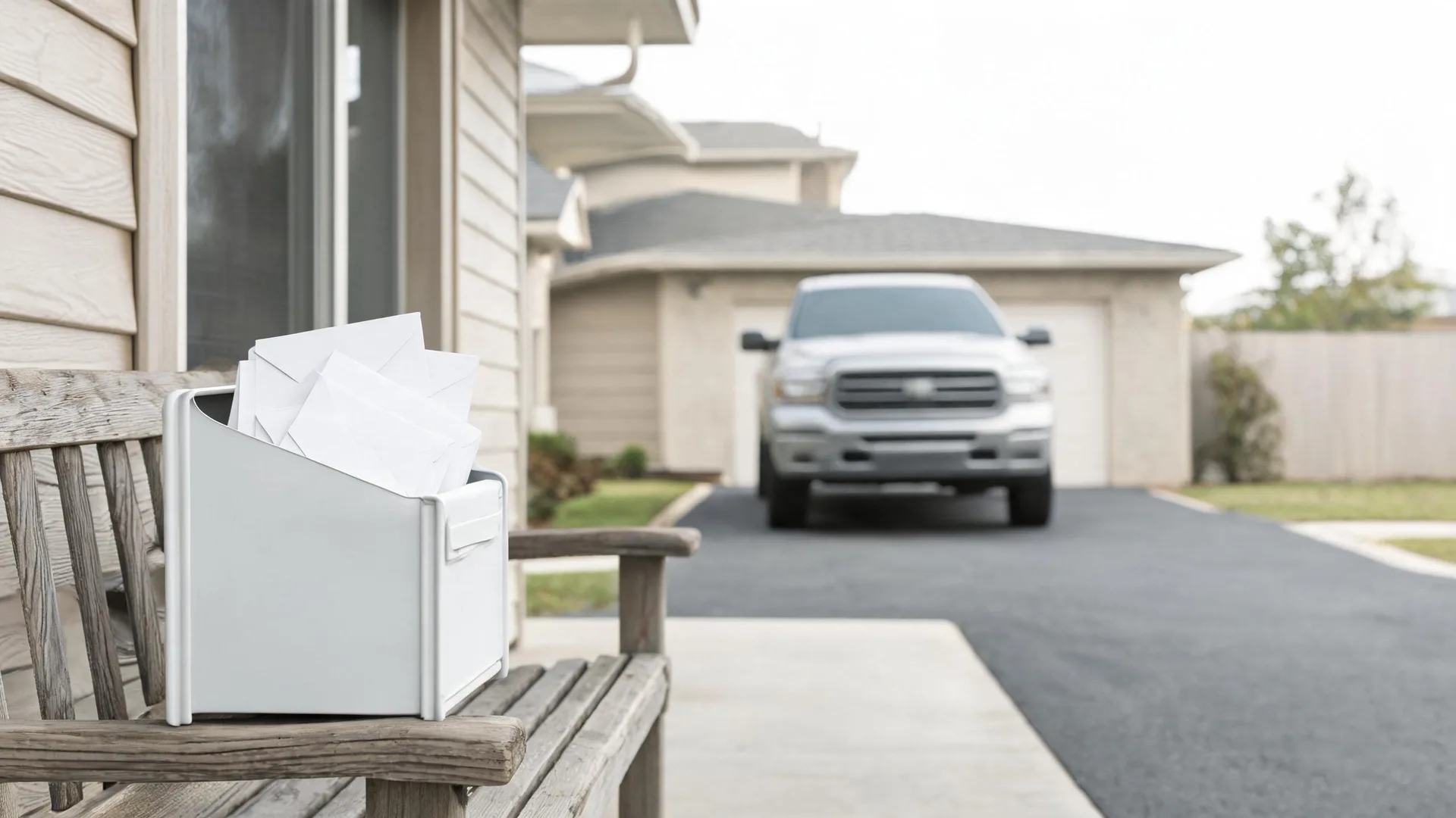 A white mailbox holding several white envelopes sits on a weathered wooden bench beside a house, with a blurred white pickup truck parked in a driveway in the background.