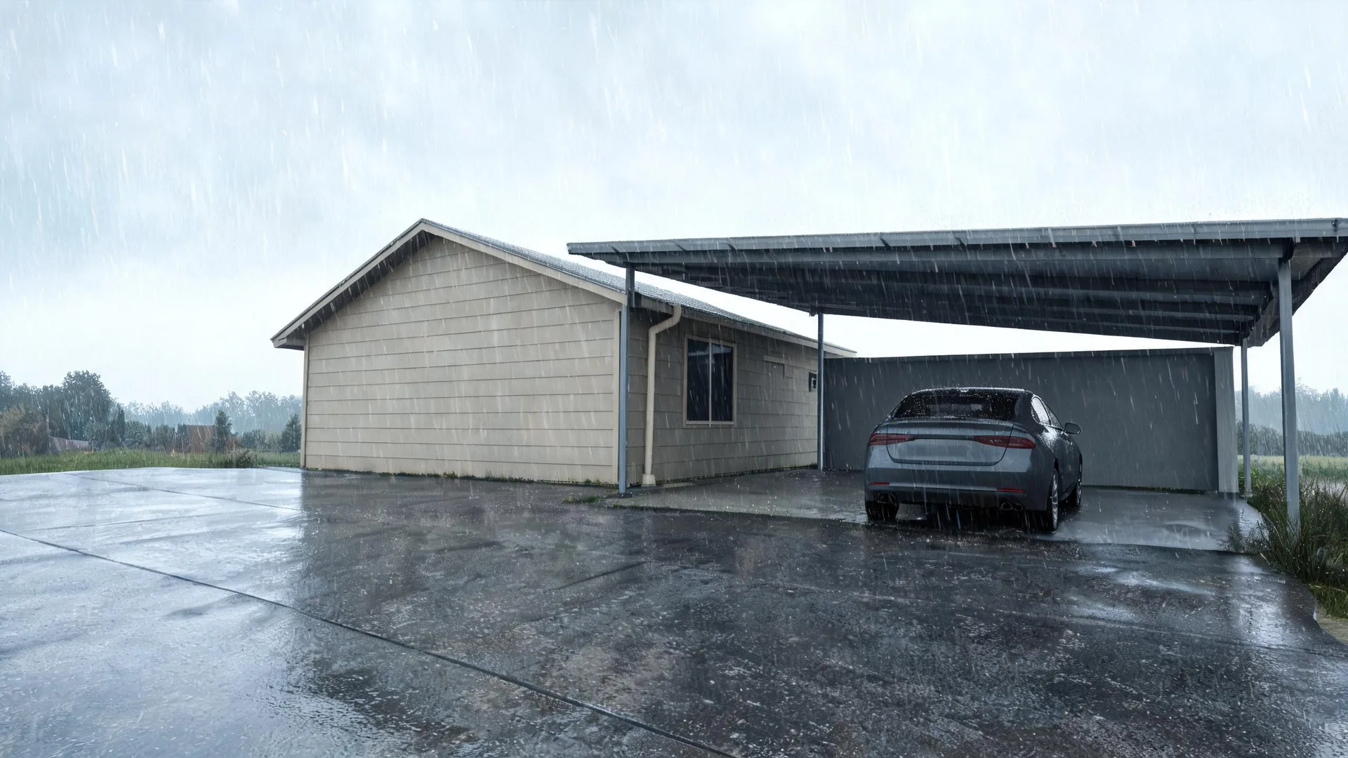 A single-storey house with pale horizontal cladding and an attached open carport shelters a dark grey car, beside a wet concrete driveway under heavy rain and overcast sky.