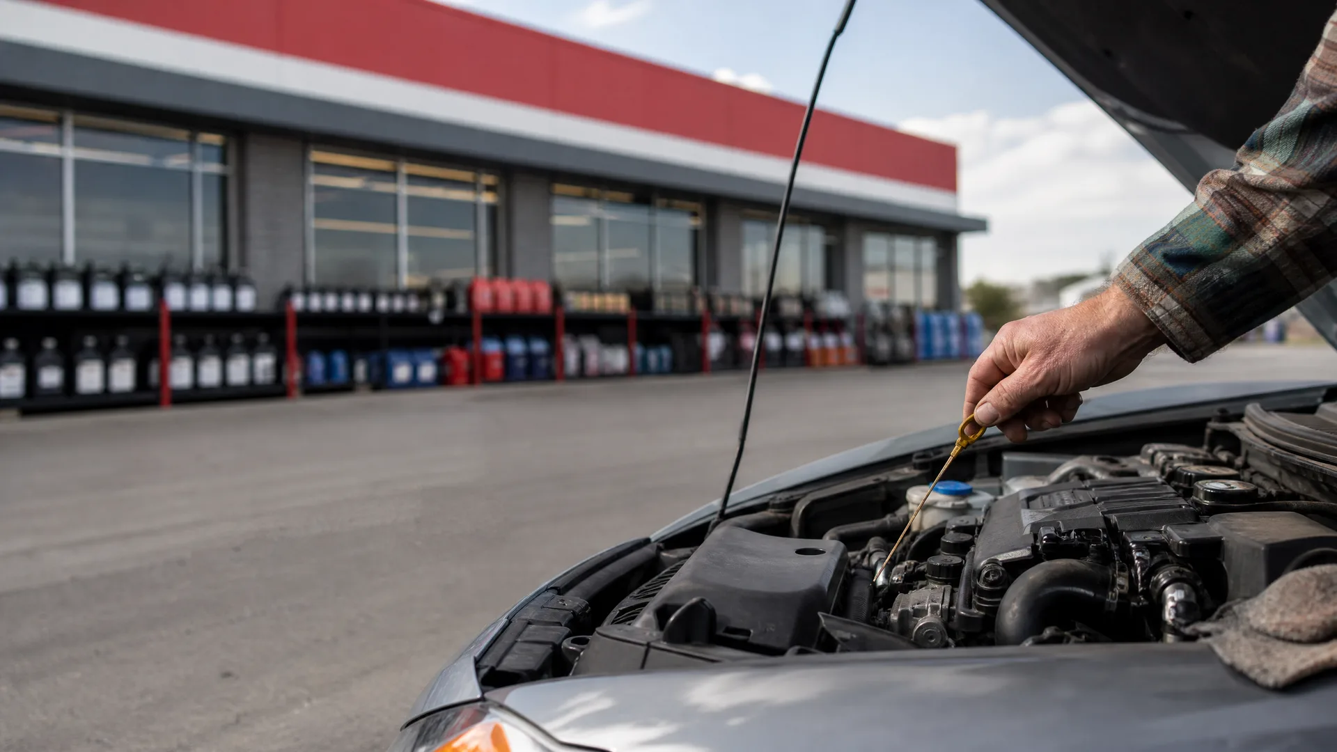 A person's arm in a plaid shirt pulls the oil dipstick from a car engine under an open hood, with a building and shelves of containers in the background.