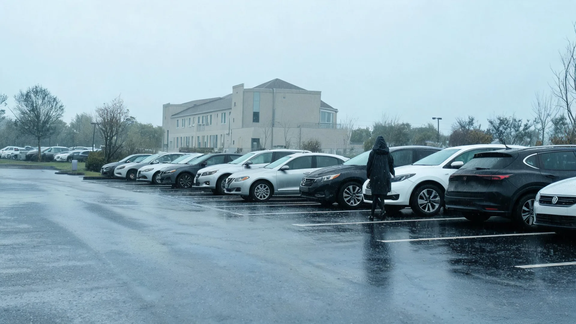 A person in a dark coat walks across a wet parking lot lined with parked cars, with a two-story stucco building and bare trees under an overcast sky.