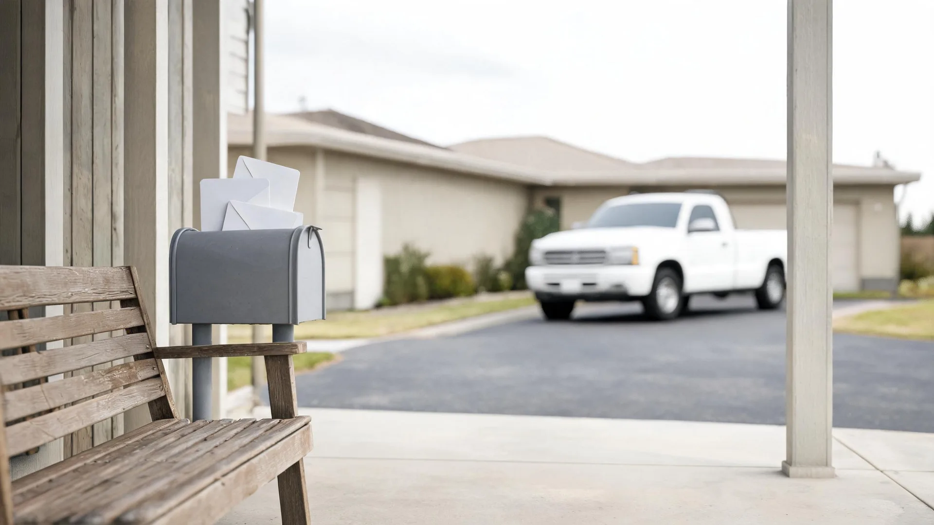 A gray mailbox with its door open and several white envelopes inside stands beside a wooden bench on a porch, with a blurred single-story house and white pickup truck in the background.
