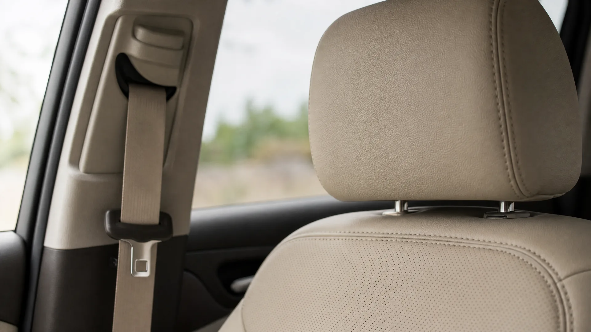 Car interior close-up showing a beige perforated leather seat with headrest, a seat belt along the door pillar, and blurred green vegetation through the window.