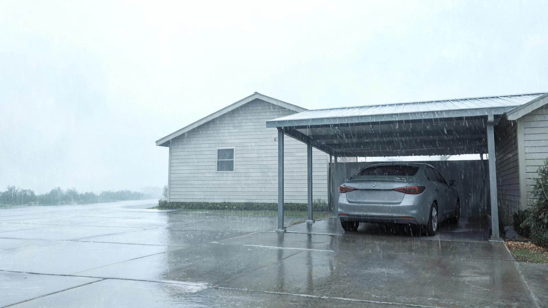 A silver sedan parked under a metal carport attached to a light-colored sided house during heavy rain, with wet pavement in the foreground.
