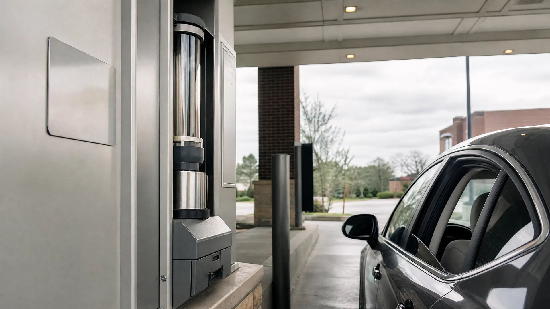 A dark sedan waits at a drive-through lane beside a metal pneumatic tube canister station under a covered canopy, with a brick building and bare trees in the background.