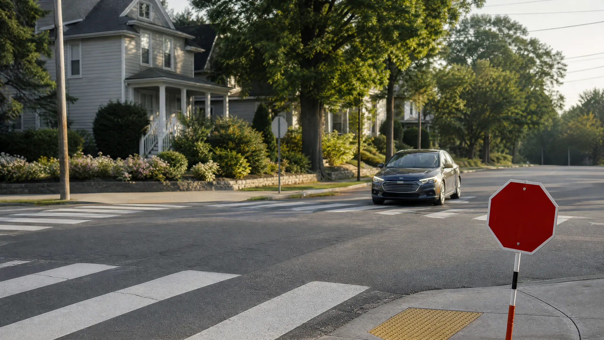 A dark sedan approaches a crosswalk at a residential intersection lined with trees and a large light-colored house, with a blank red octagonal sign in the right foreground.