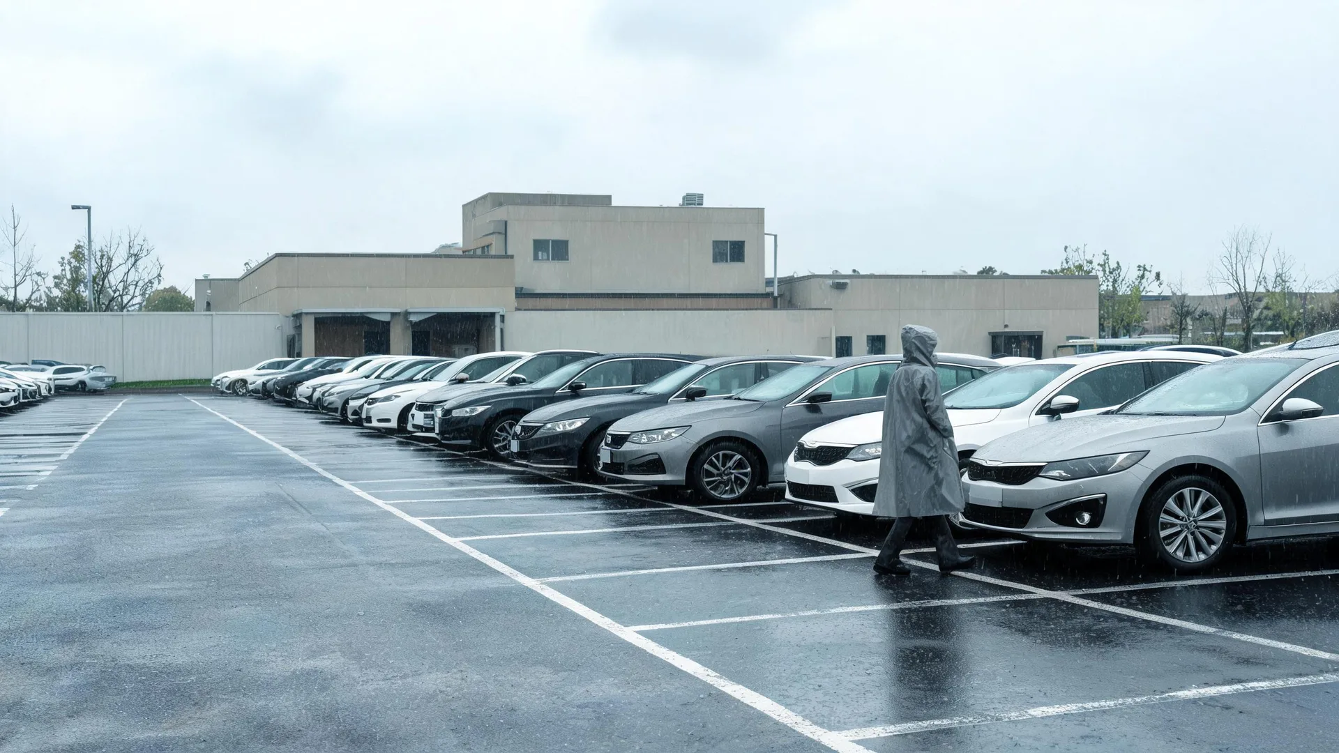 A person in a hooded rain poncho walks between rows of parked cars on a wet parking lot under an overcast sky, with a low beige building and bare trees in the background.