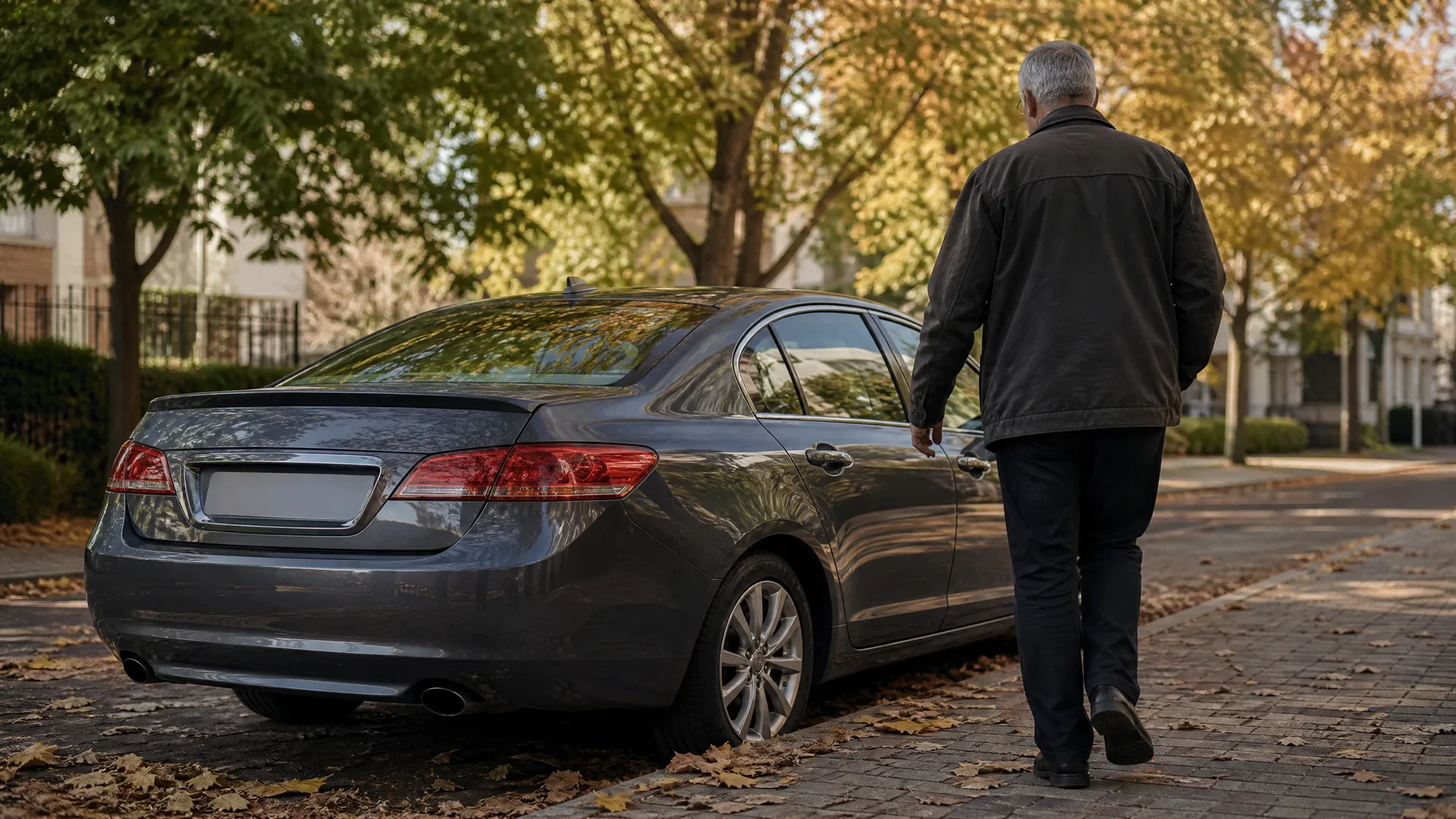 A man in a dark jacket walks toward the driver's door of a gray sedan parked on a brick-paved street lined with trees in autumn foliage and fallen leaves.