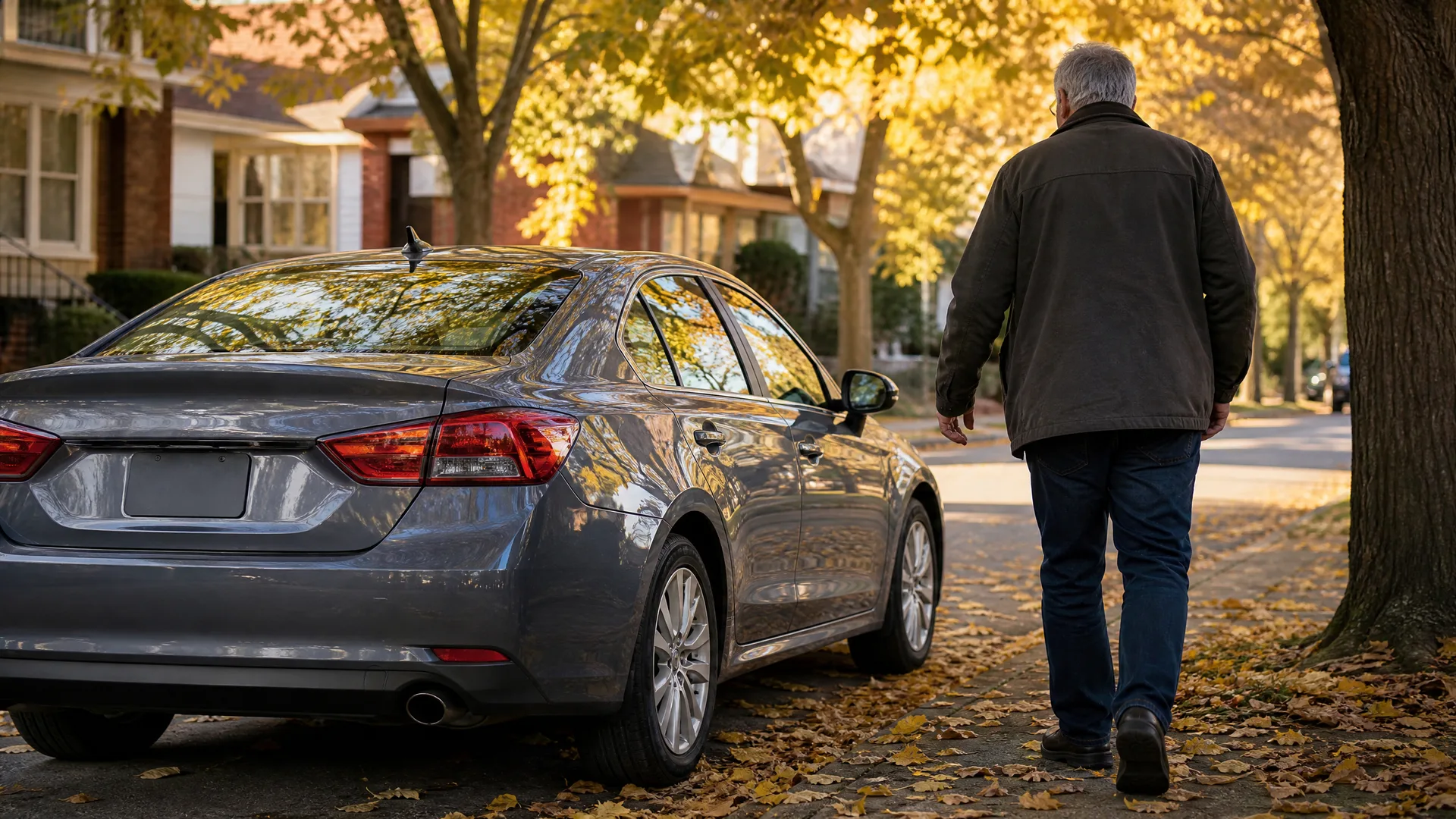 A man in a dark jacket and jeans walks away from the camera along a leaf-covered residential street past a parked gray sedan, with autumn trees and brick houses behind.