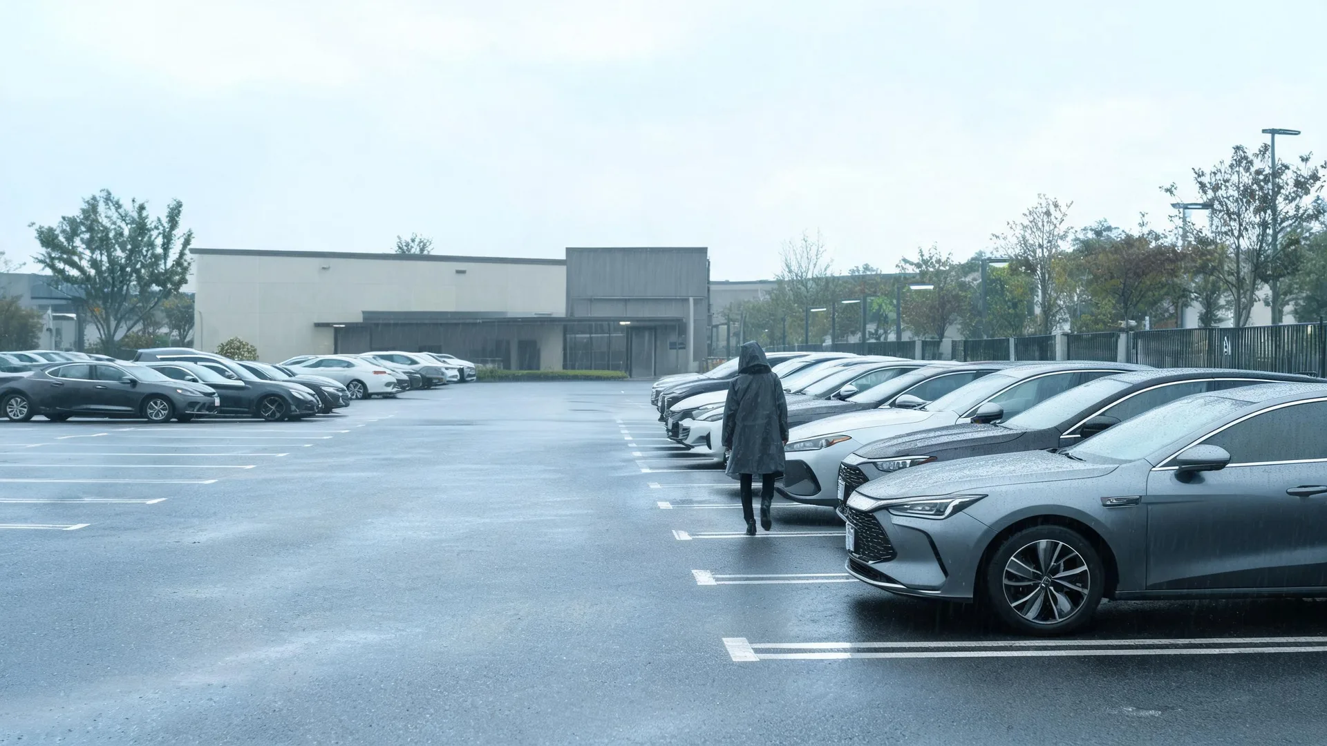 A person in a dark hooded coat walks along a wet parking lot lined with rows of parked cars, with a low beige building and bare trees under an overcast sky.
