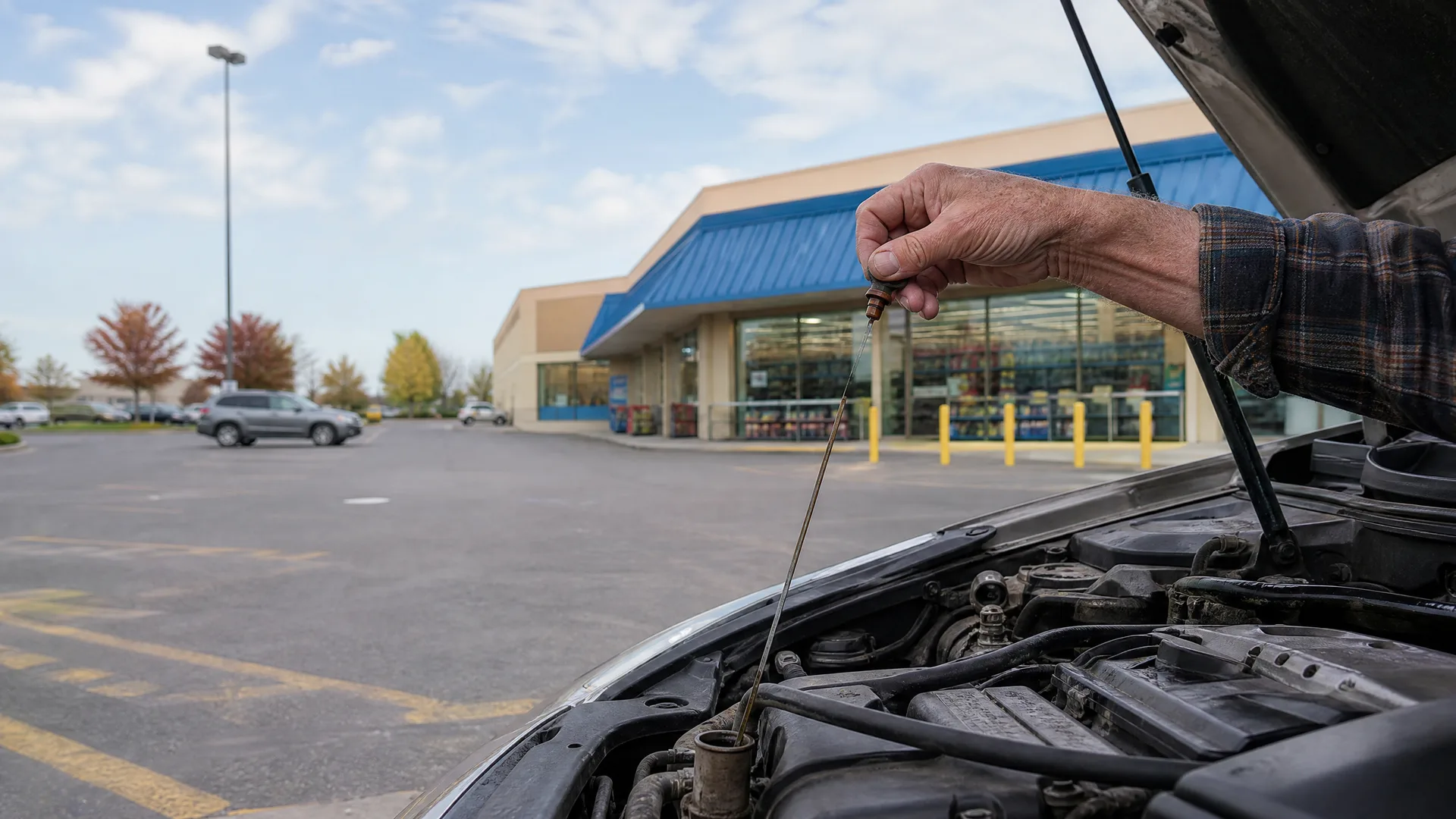 A person's arm in a plaid shirt holds an oil dipstick above an open car engine bay in a parking lot, with a retail store with a blue awning and autumn-colored trees in the background.