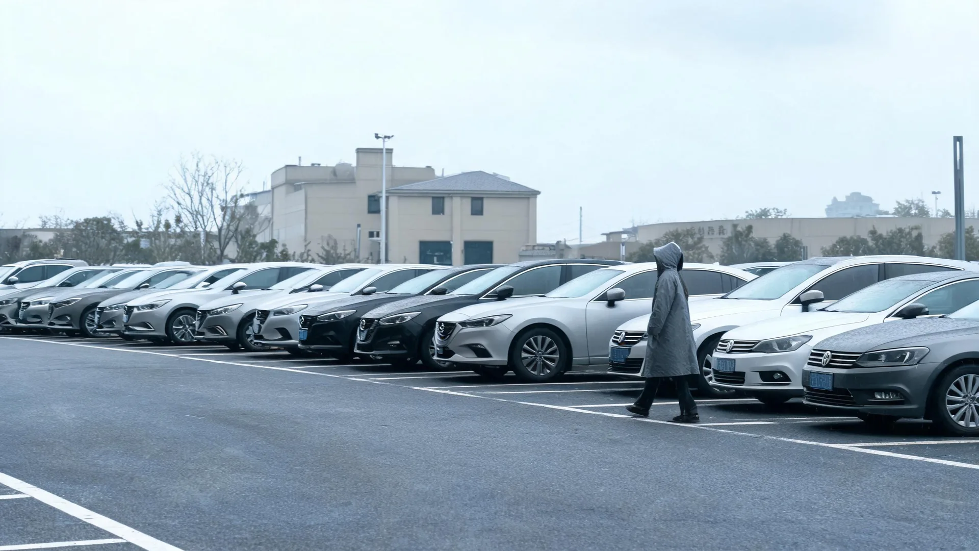 A person in a hooded gray raincoat walks across an asphalt parking lot past a long row of parked cars, with a light-colored industrial building and bare trees behind them under an overcast sky.
