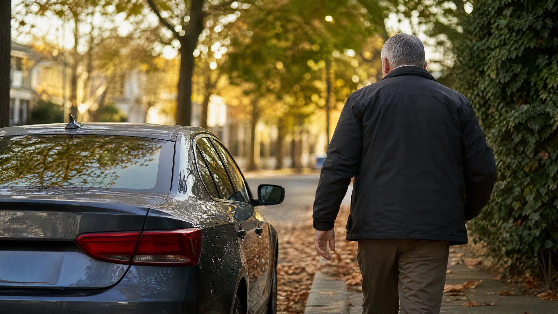A gray-haired man in a dark jacket walks away along a leaf-strewn sidewalk beside a dark parked sedan, with autumn-colored trees and an ivy-covered wall lining the street.